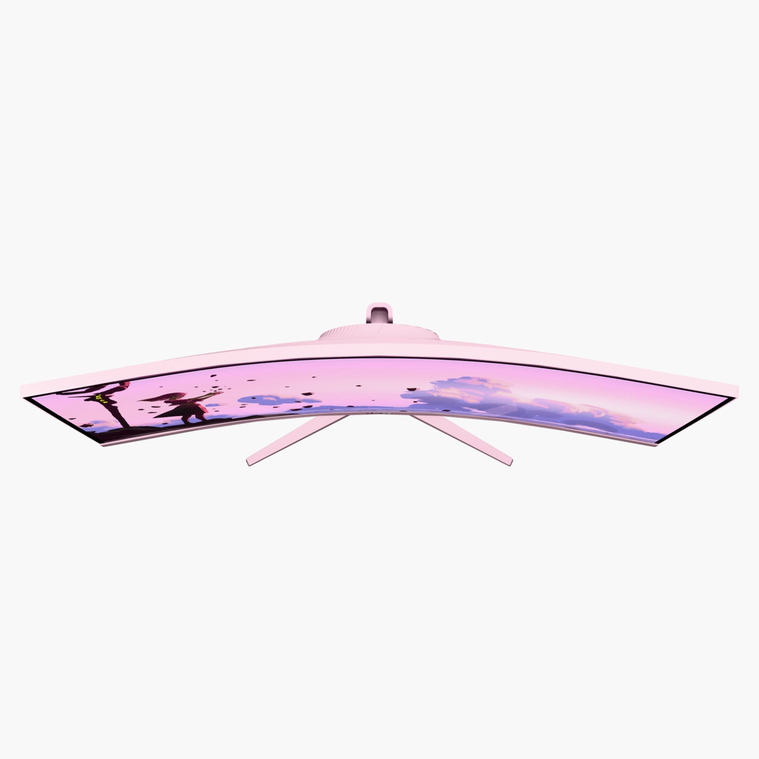 Ein rosa gebogener Monitor, der einen rosa-lila Himmel und eine dunkle Figur zeigt, steht auf weißem Hintergrund.