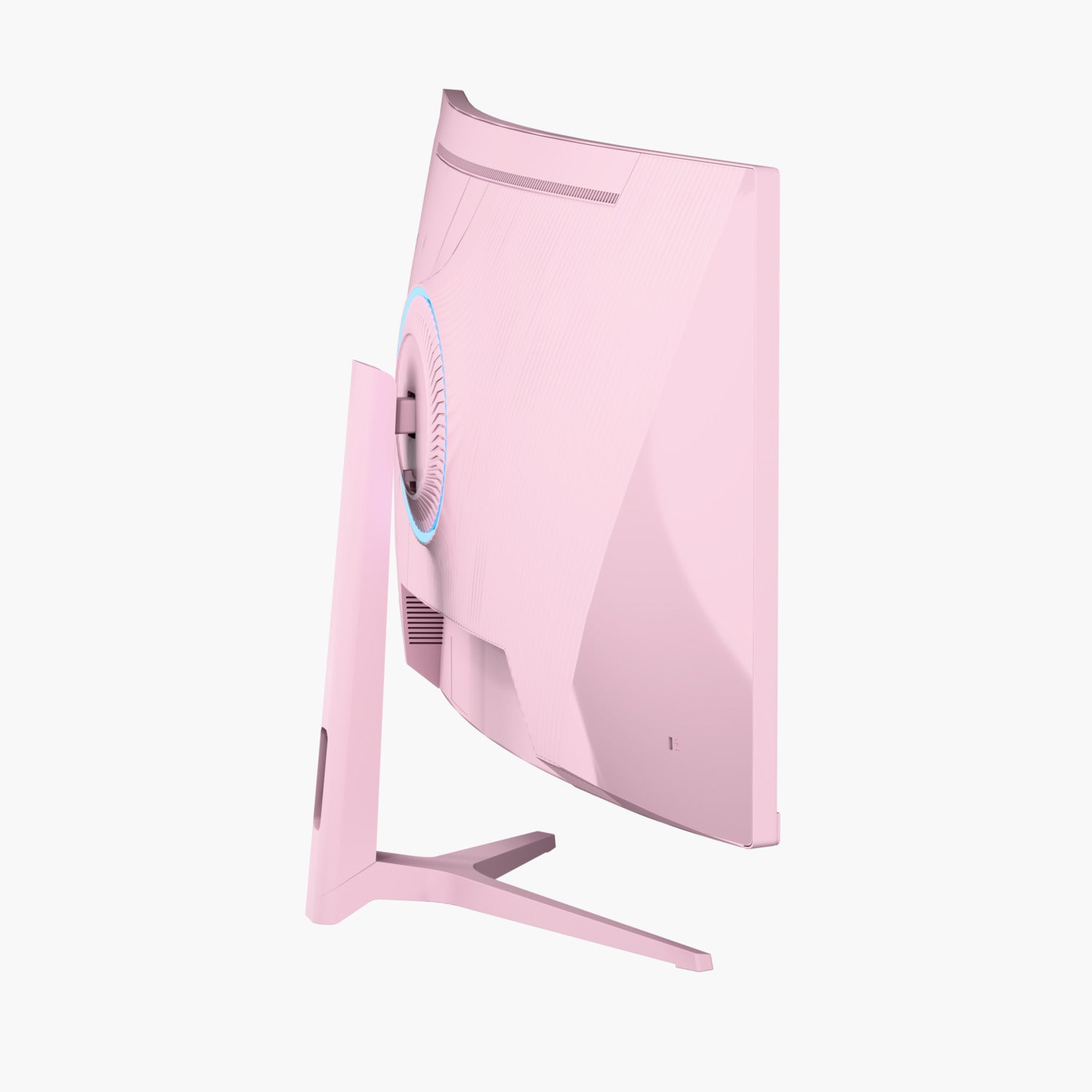 Ein rosa gebogener Computermonitor wird von der Seite gezeigt. Es befindet sich auf weißem Hintergrund. Der Monitor hat einen Ständer.