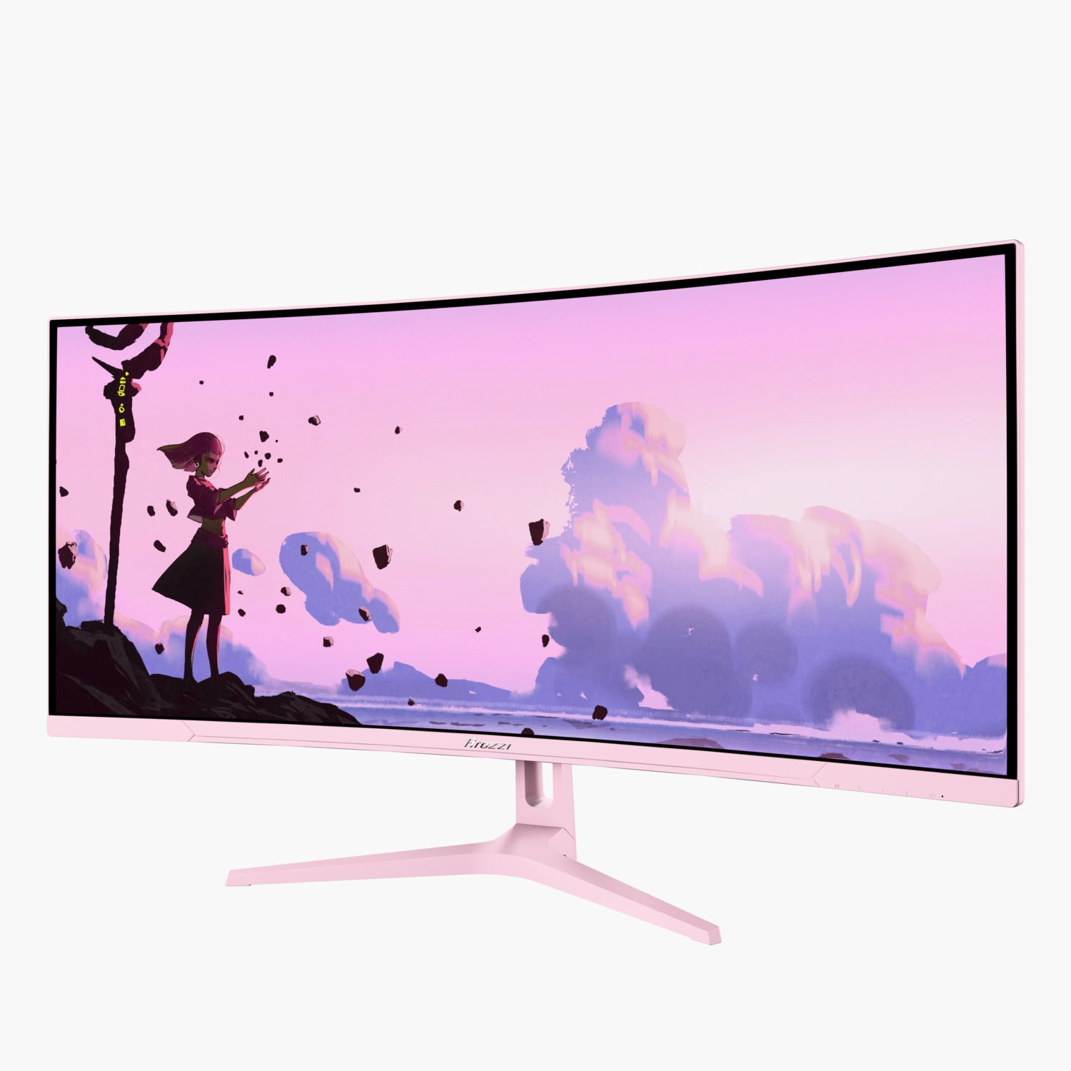 Ein rosa geschwungener Monitor zeigt eine Anime-Szene eines Mädchens mit schwebenden Steinen. Der Monitor steht auf einem rosa Ständer, vor weißem Hintergrund.