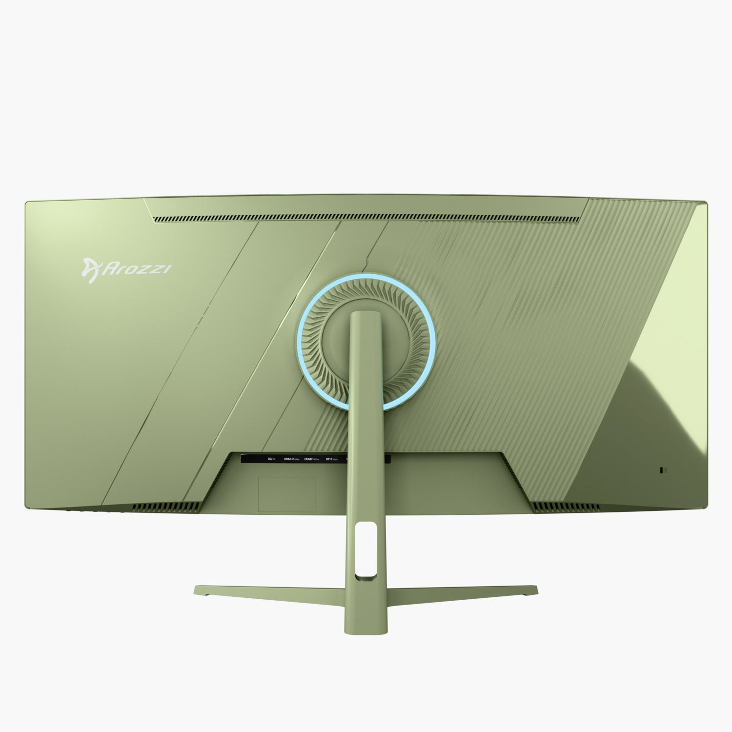 Rückseite eines grünen Arozzi-Monitors. Er hat einen Ständer, Anschlüsse und ein kreisförmiges Design mit blauem Licht. Das Logo ist sichtbar.