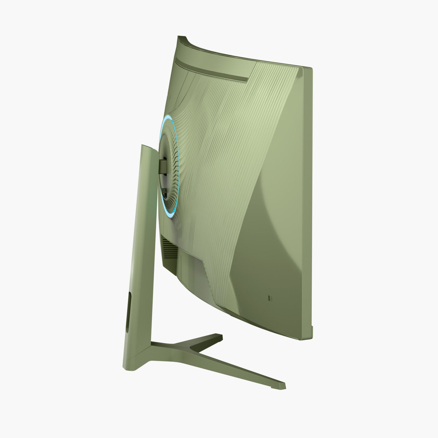 Ein geschwungener grüner Computermonitor mit Ständer, der Bildschirm zeigt nach rechts. Auf der Rückseite ist ein blauer Ring zu sehen.