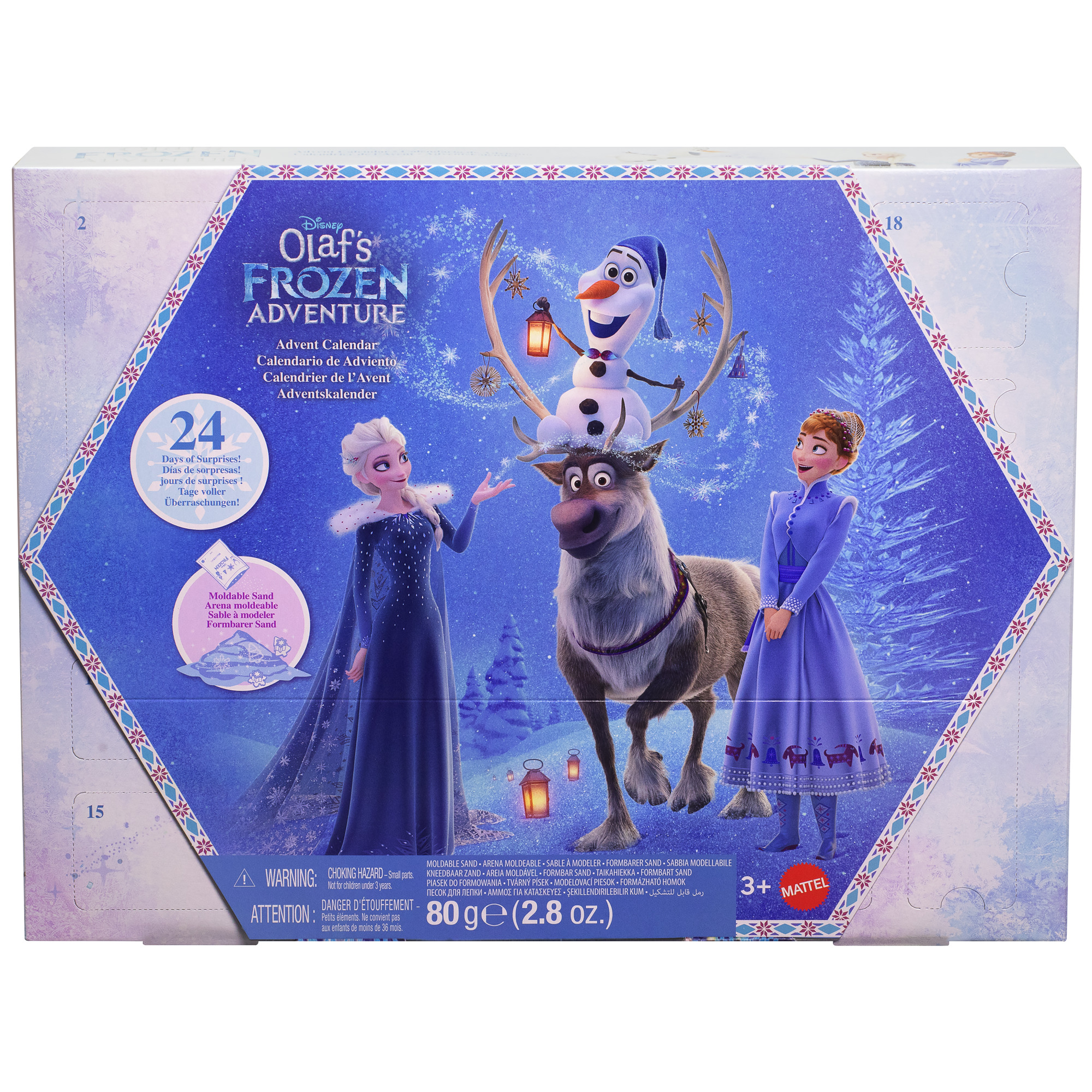 Ein Adventskalender mit Charakteren aus Frozen. Elsa, Anna, Olaf und Sven vor verschneitem Hintergrund dargestellt.