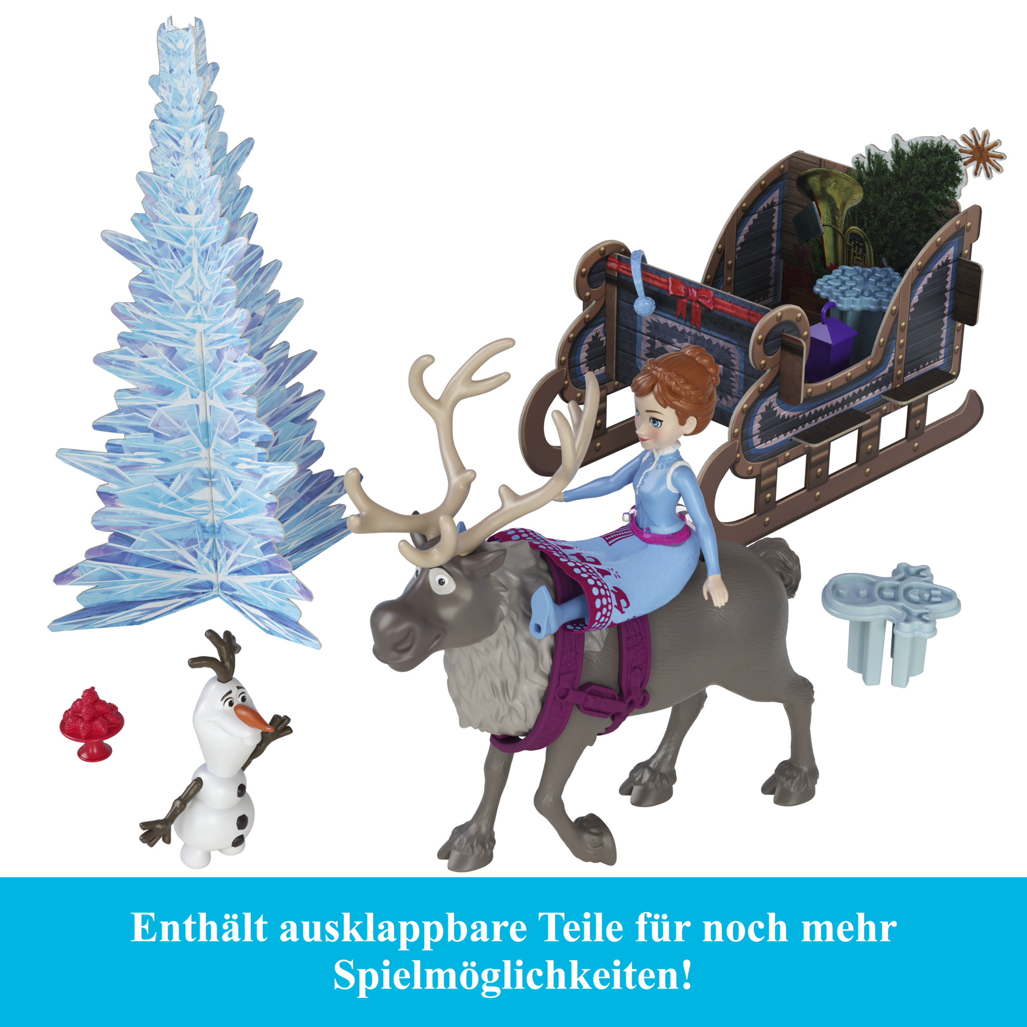 Frozen-Spielzeugset mit Elsa auf einem Rentier, Olaf, Eisstruktur und einem Schlitten voller Geschenke. Das Set befindet sich auf weißem Hintergrund.