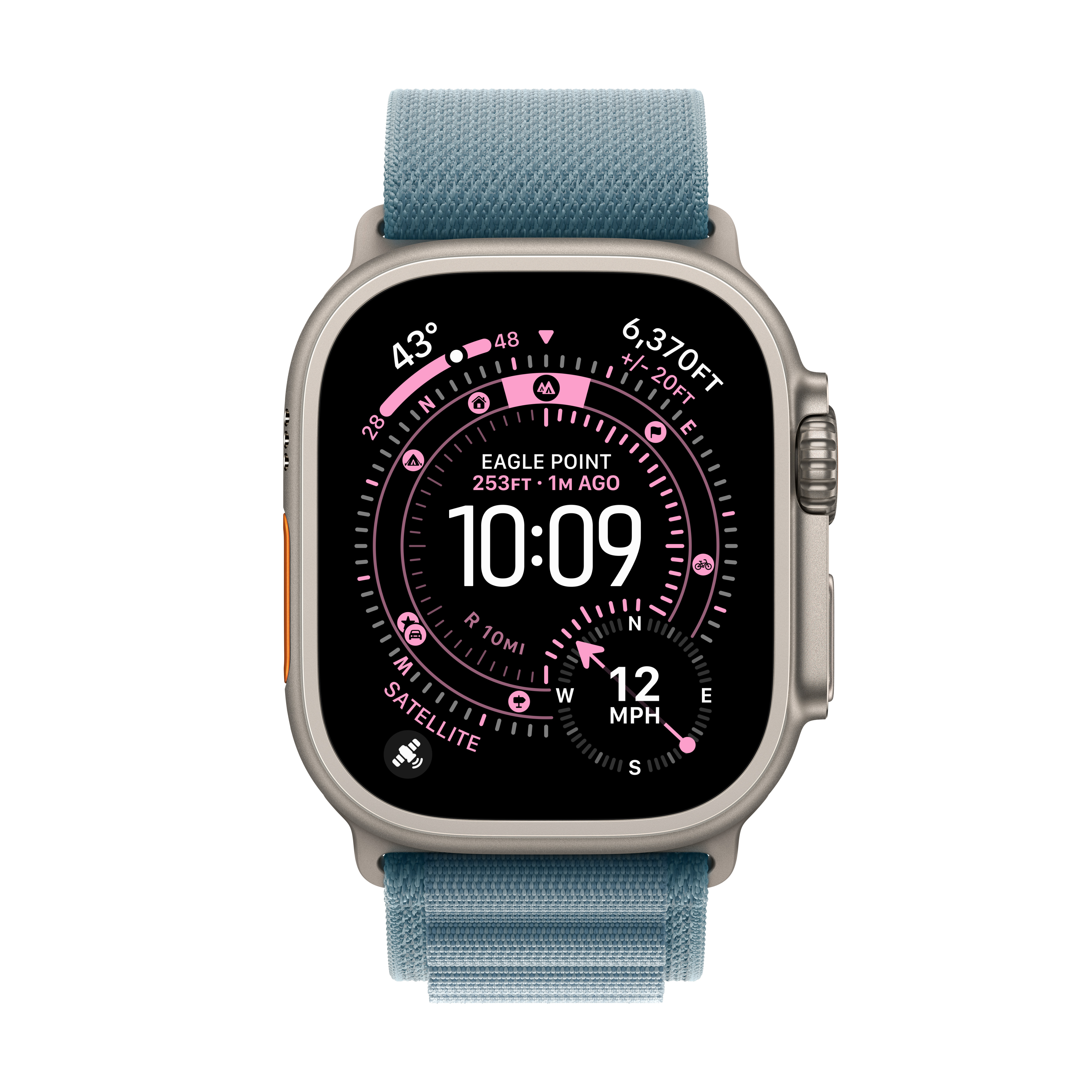 Apple Watch Ultra mit blauem Band. Die Uhr zeigt Zeit, Höhe und Geschwindigkeit an. Der Hintergrund ist weiß.