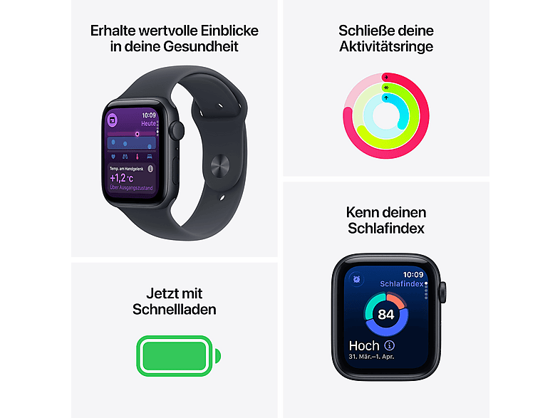 APPLE Watch SE 3 GPS 44, 2025 Smartwatch Aluminium Fluorelastomer, 140-190 mm, Mitternacht