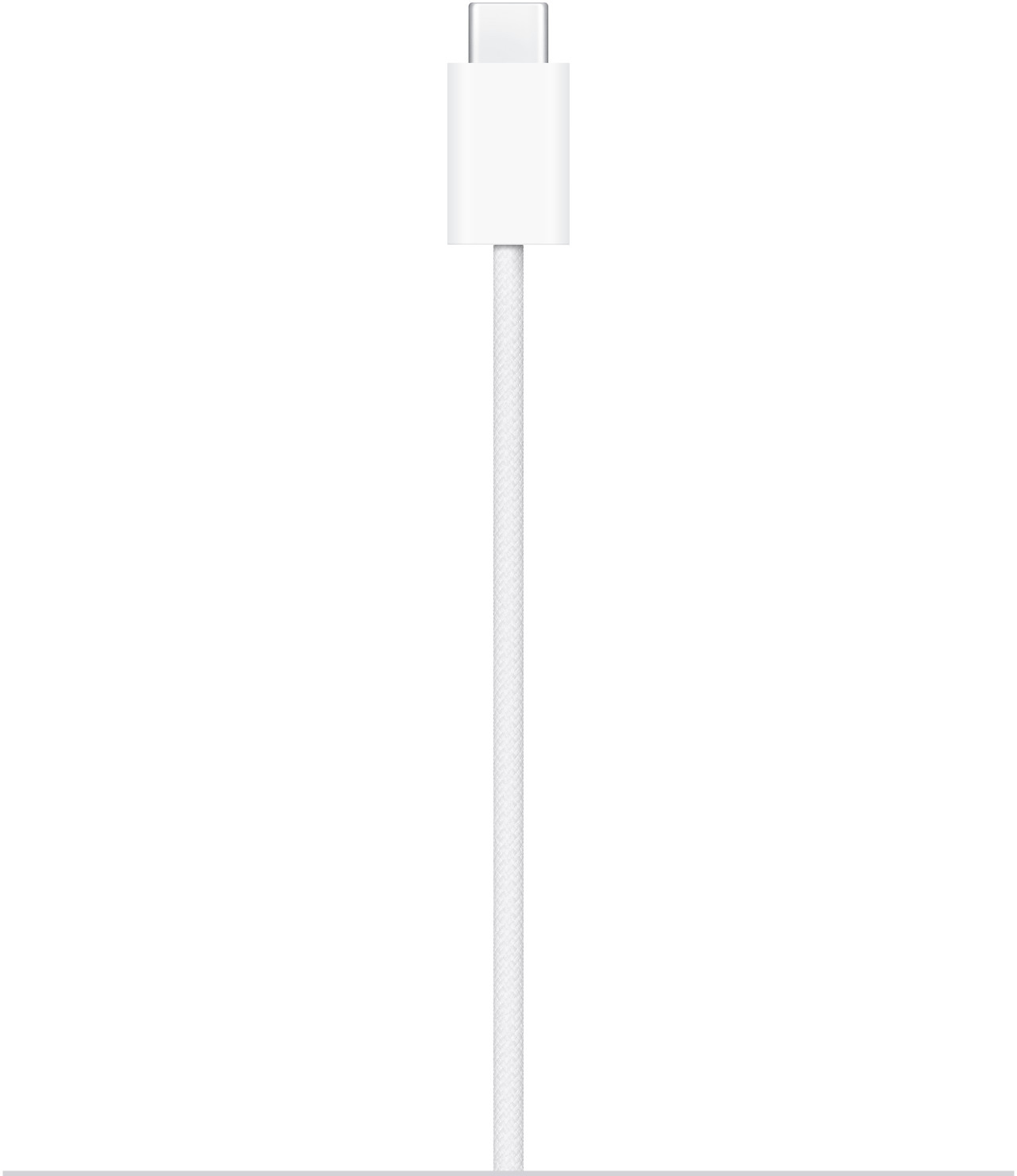 Un cavo USB-C bianco, la sezione superiore ha un connettore argentato, collegato a un blocco rettangolare bianco e un cavo intrecciato bianco.