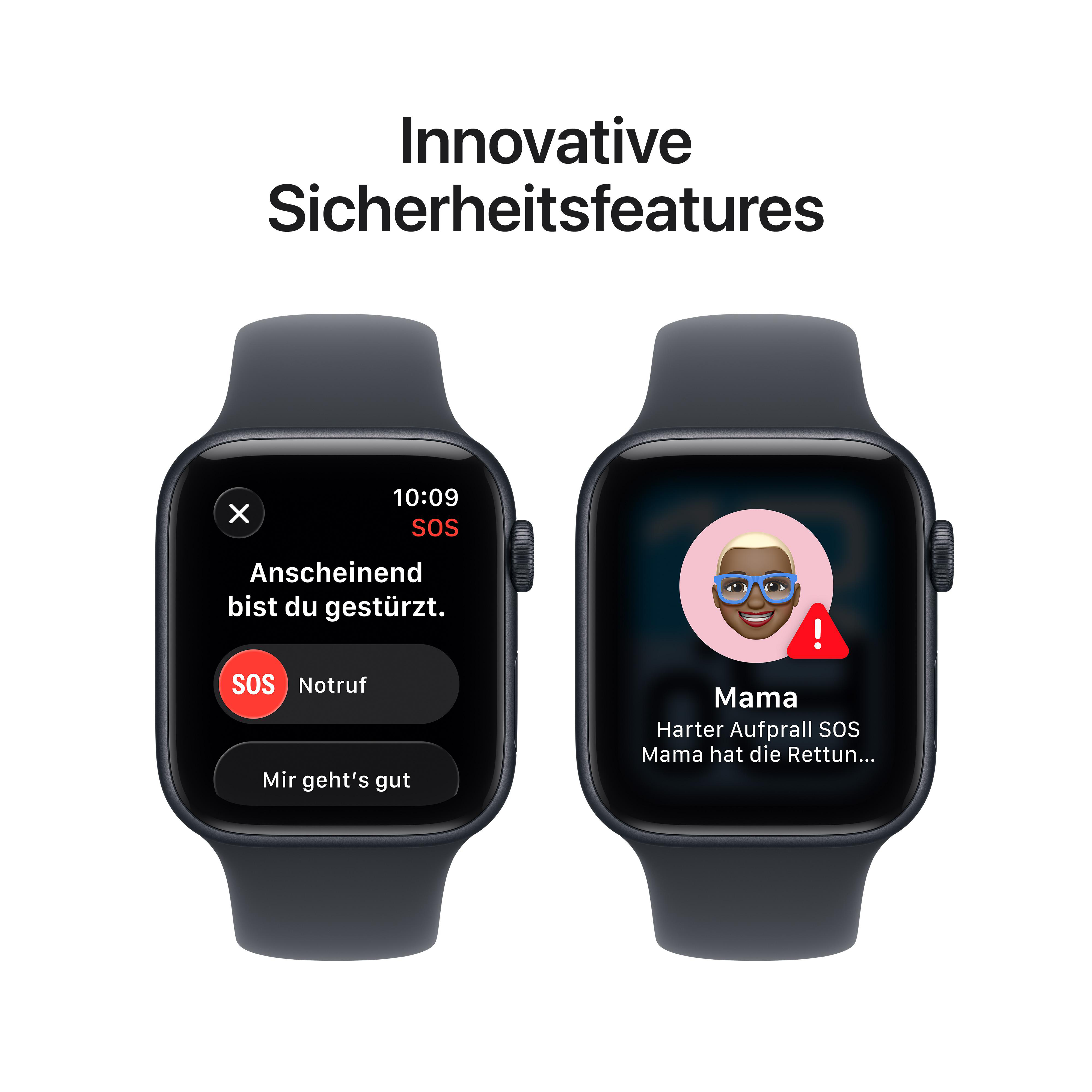 Zwei Smartwatches mit Notruffunktionen. Eine zeigt einen Sturz, die andere einen Kontakt mit rotem Alarm.
