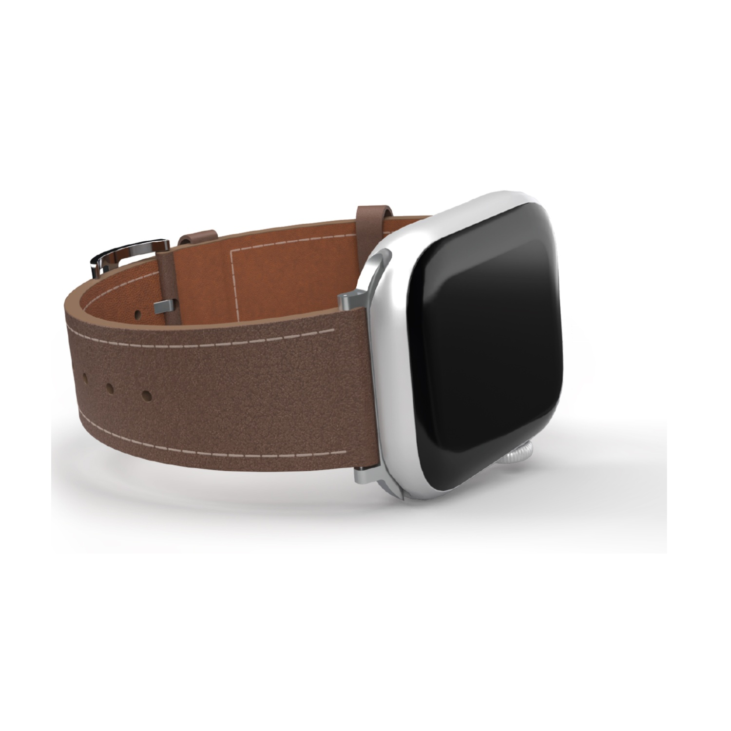 Uno smartwatch con cinturino in pelle marrone e cassa argentata è esposto su sfondo bianco.