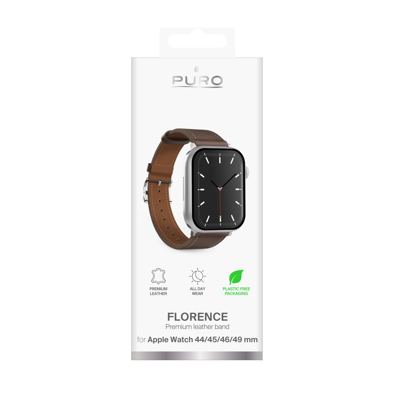 Un Apple Watch con cinturino in pelle marrone in una scatola bianca. Il testo include 'PURO', 'FLORENCE' e 'Apple Watch 44/45/46/49 mm'.