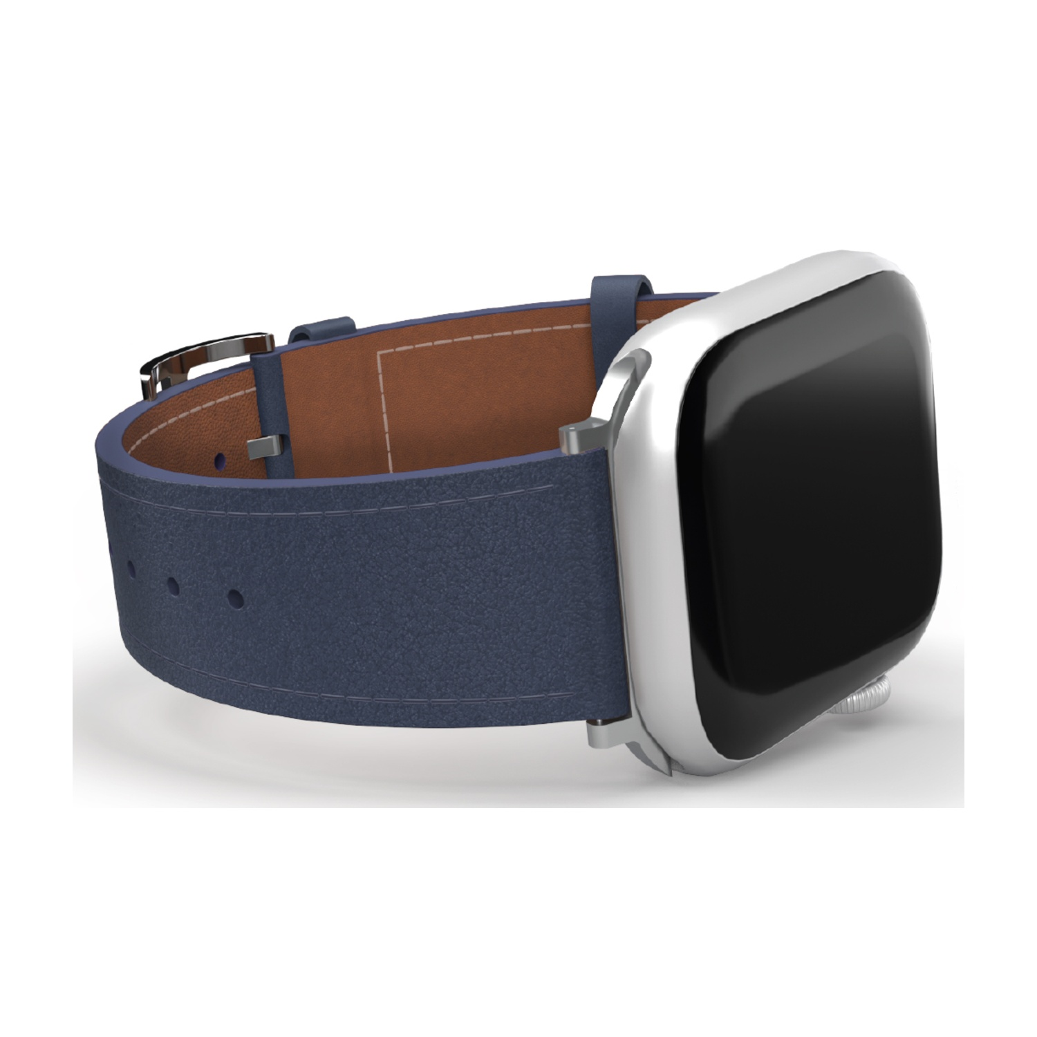 Uno smartwatch con cassa argentata e schermo nero, attaccato a un cinturino in pelle blu con interno marrone.