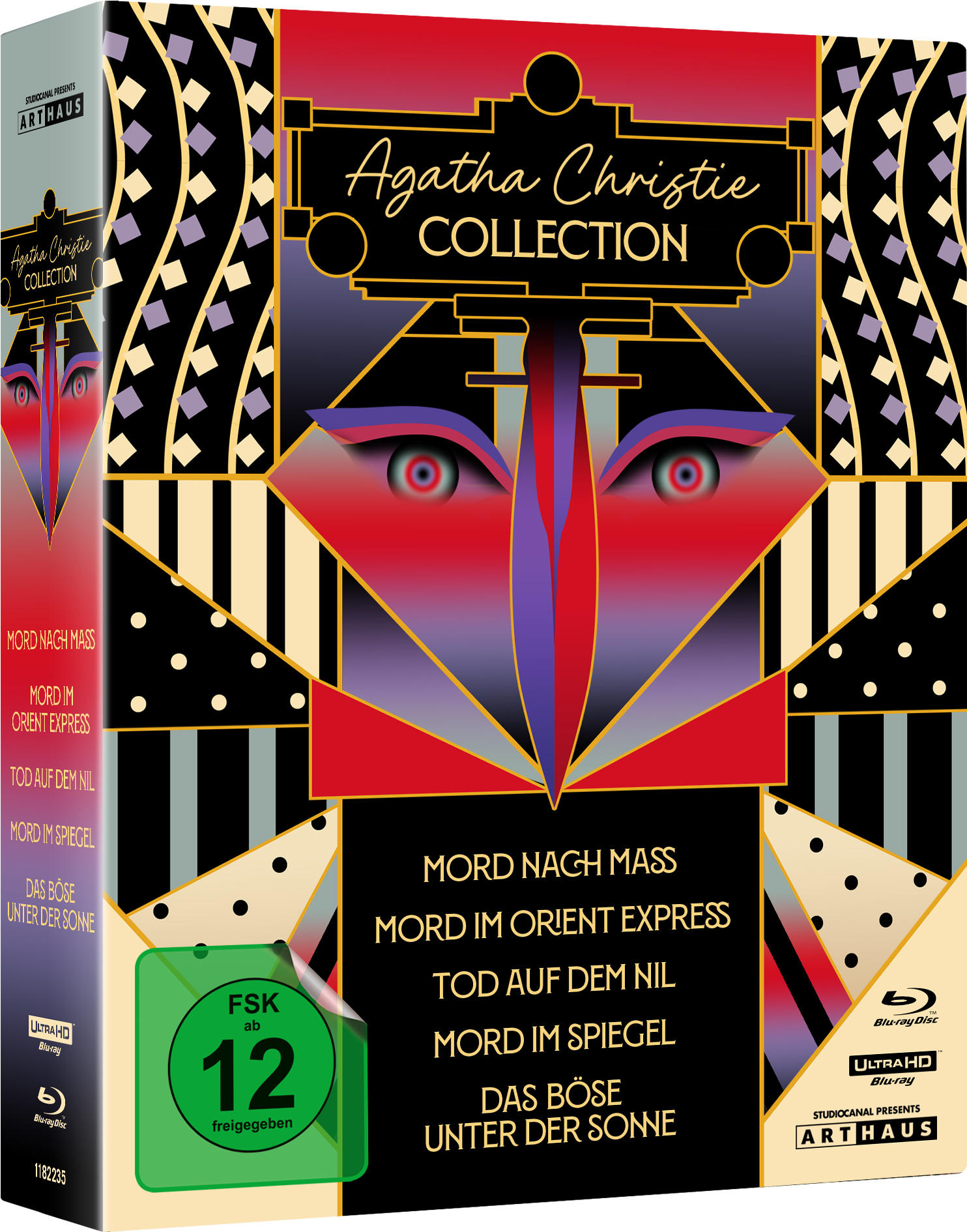 Blu-ray-Box-Set der Agatha Christie Collection mit stilisiertem Gesichtsdesign und Filmtiteln.