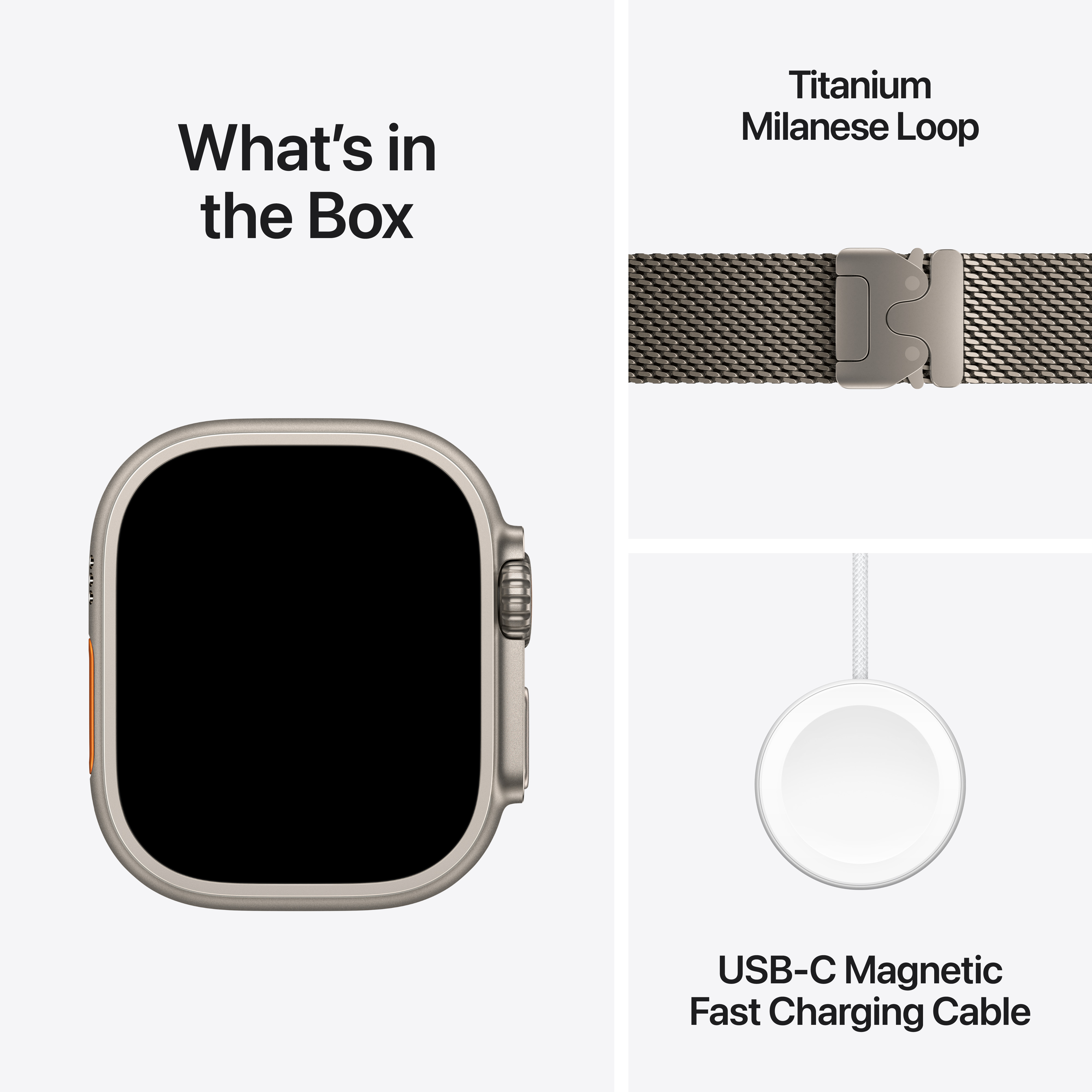 Das Bild zeigt Apple Watch, Milanese Loop und USB-C-Ladekabel, alles auf weißem Hintergrund. Der Text lautet 'Was ist in der Box'.