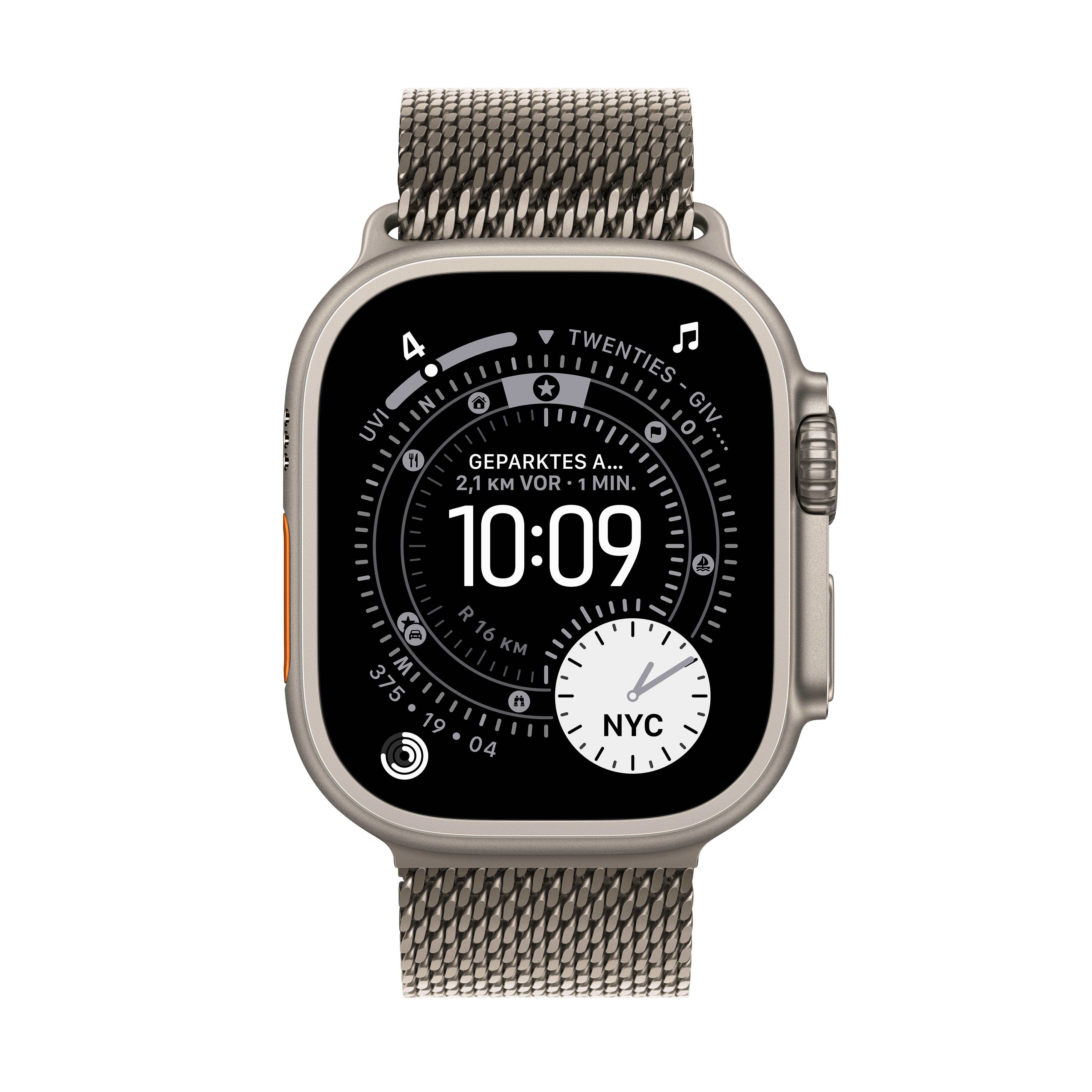 Eine silberne Smartwatch zeigt die Uhrzeit 10:09 mit einem Mesh-Band. Es enthält Symbole und Text. Der Hintergrund ist weiß.