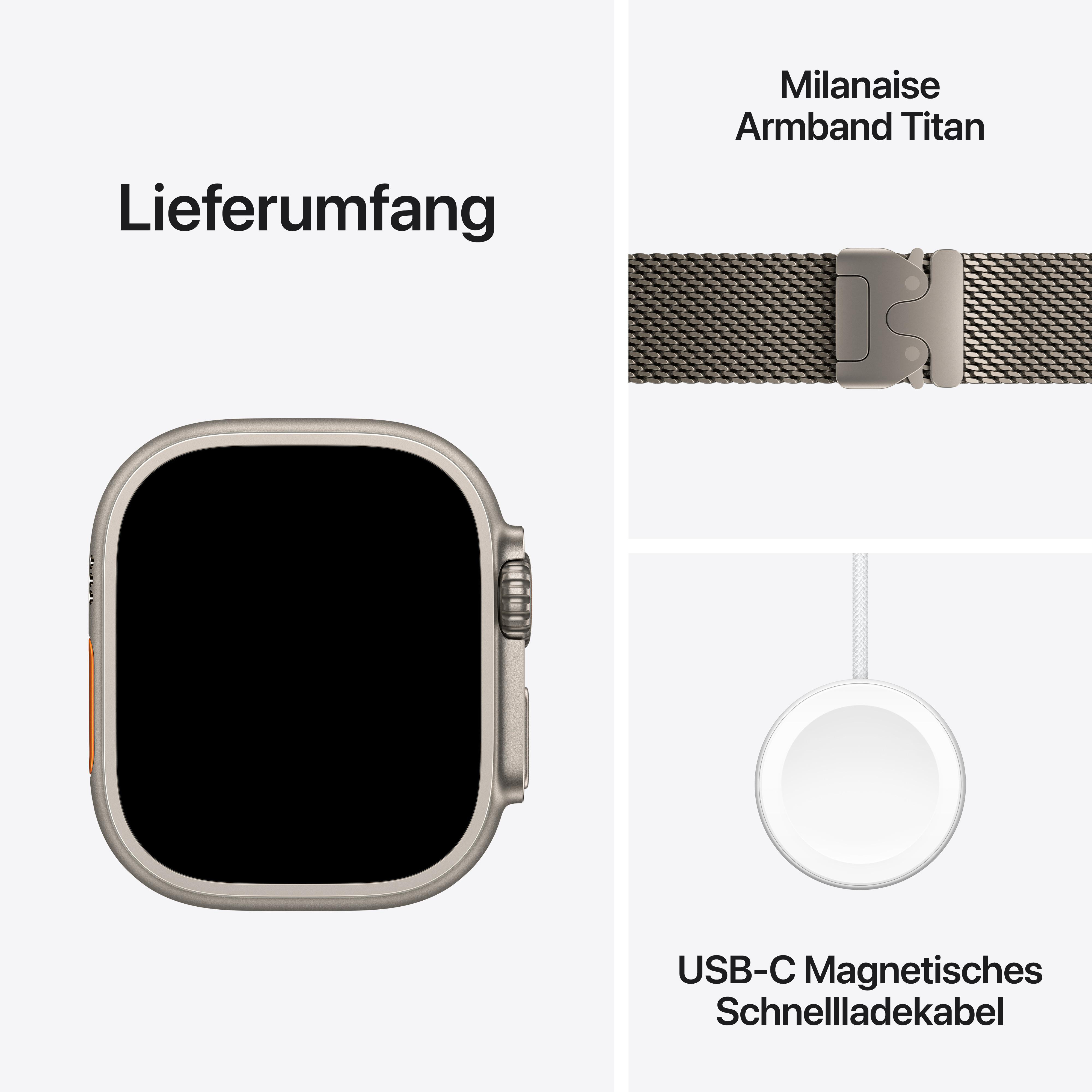 Eine Apple Watch, ein Mailänder Armband und ein Ladegerät werden gezeigt. Text lautet: 'Lieferumfang', 'Milanaise Armband Titan' und 'USB-C Magnetisches Schnellladekabel'.