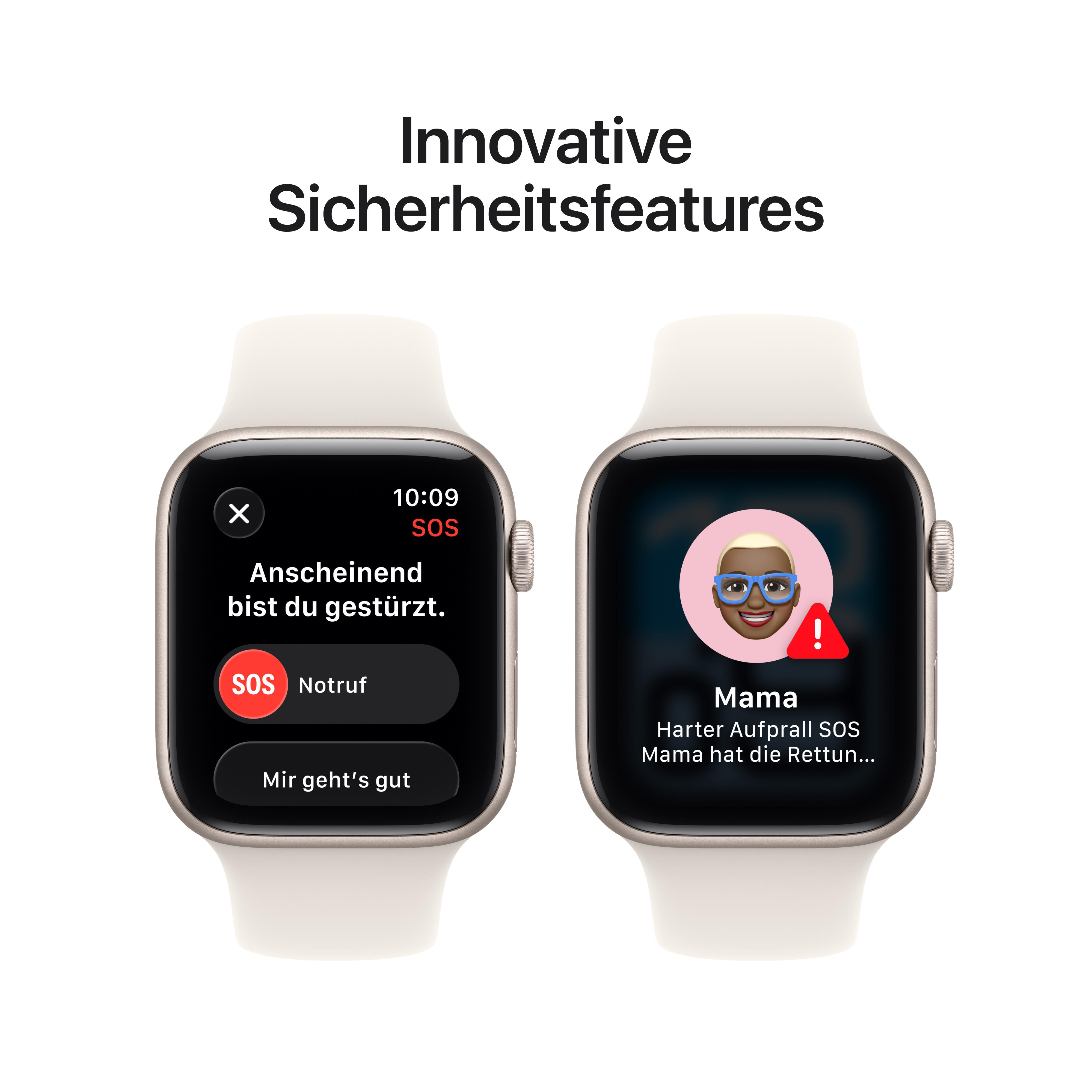Zwei Smartwatches zeigen SOS-Alarme: eine mit Sturzerkennung, die andere mit einem Kontakt und einem Alarmsymbol.