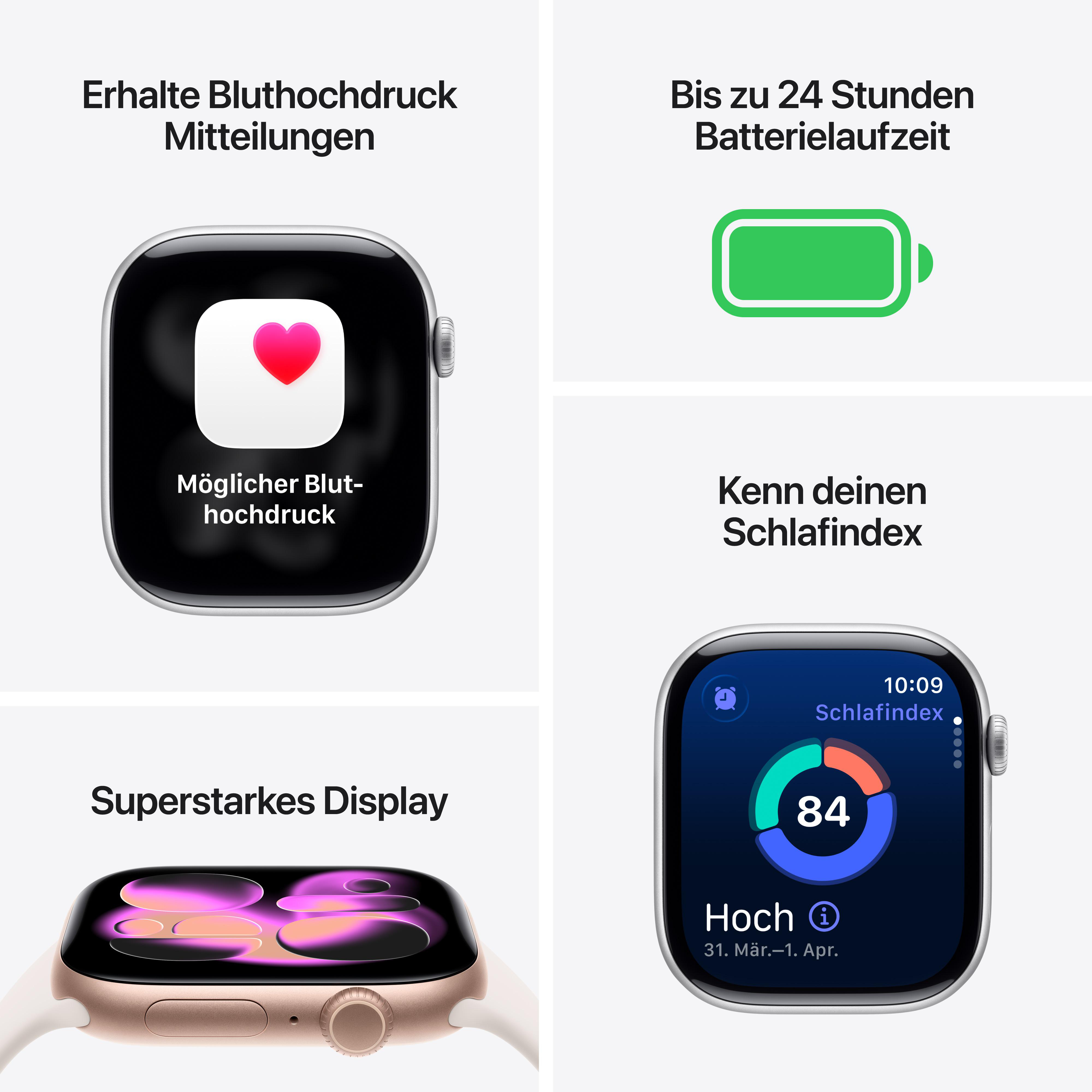 Eine Apple Watch zeigt Gesundheitsdaten an. Zu den Funktionen gehören Blutdruckbenachrichtigungen, Akkulaufzeit, Schlafindex und Display.