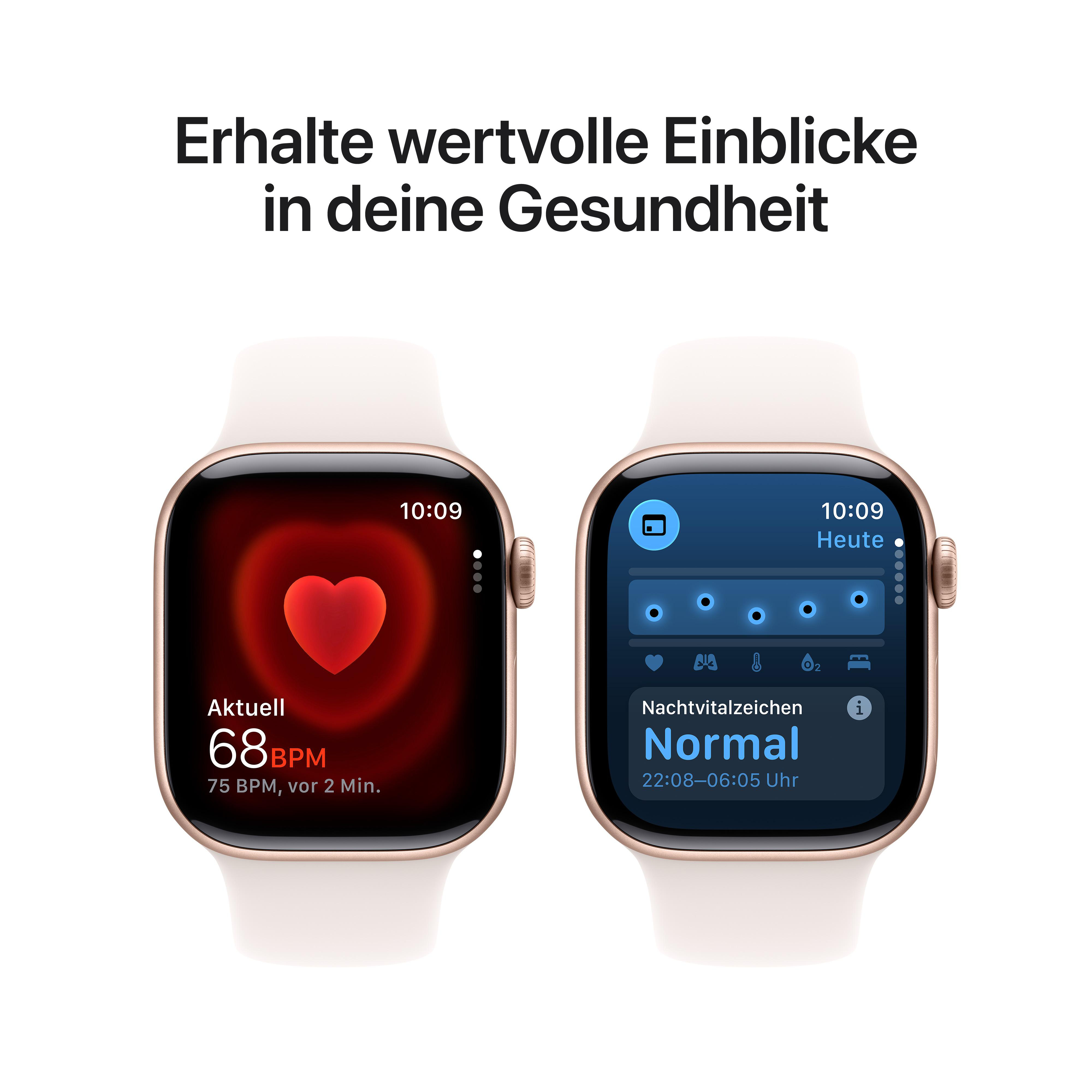 Zwei Smartwatches mit Gesundheitsdaten. Eine zeigt Herzfrequenz, die andere Schlafanalysedaten.