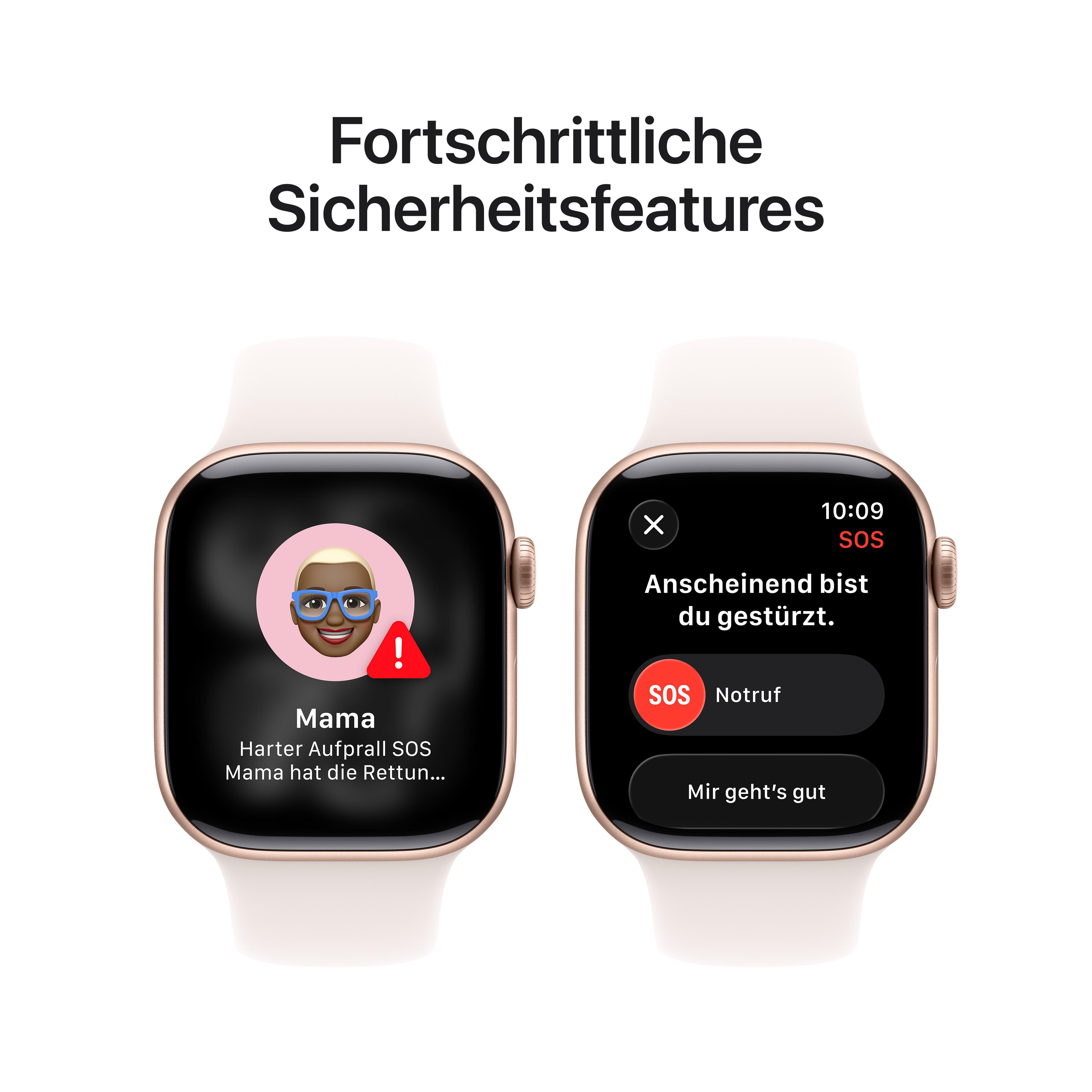 Zwei Smartwatches zeigen Notfall-SOS-Funktionen. Eine zeigt einen Kontakt und einen Alarm, die andere eine Sturzerkennung.