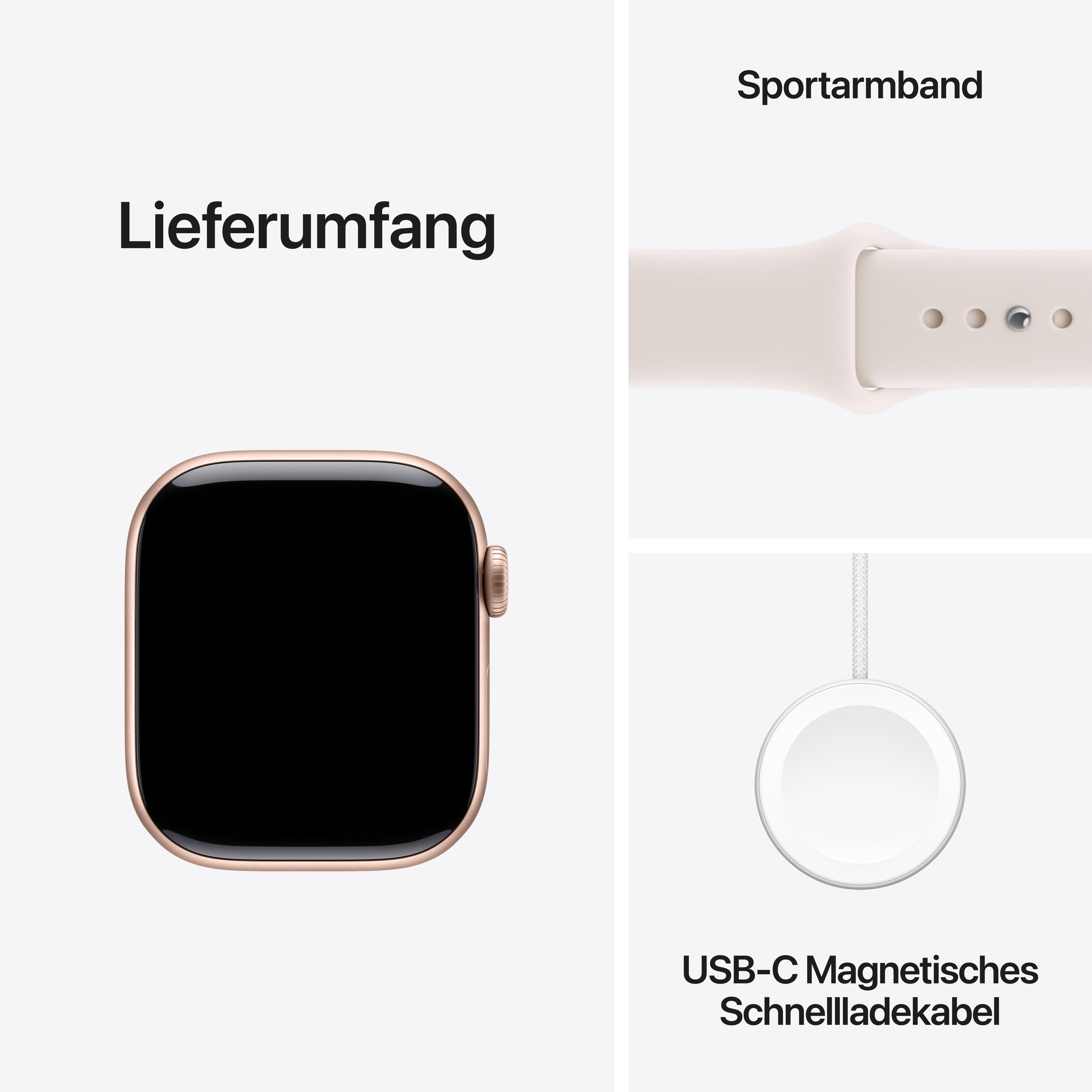 Das Bild zeigt eine Apple Watch, ein beige Sportarmband und ein USB-C magnetisches Schnellladekabel, alles auf weißem Hintergrund.