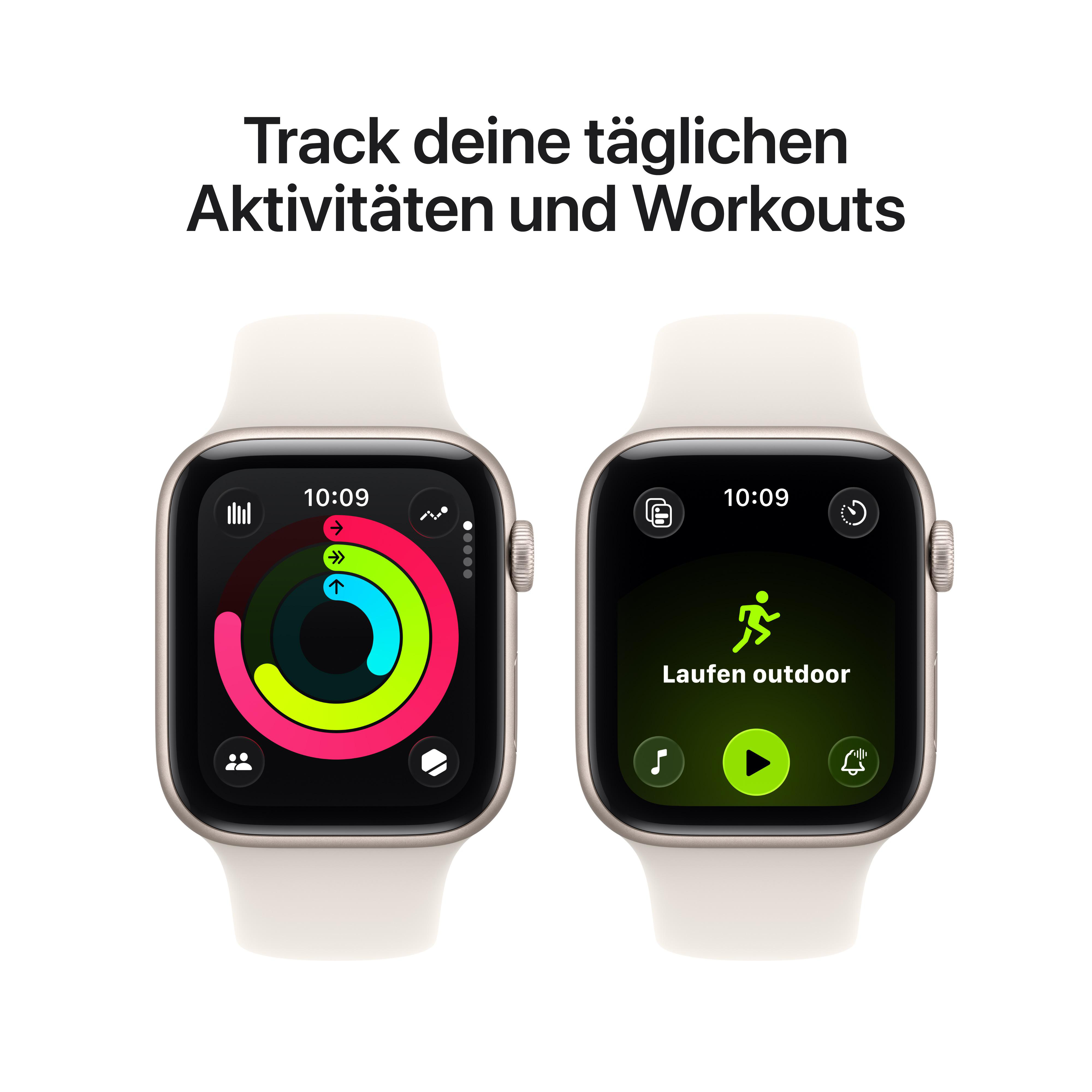 Zwei Smartwatches auf Weiß. Eine zeigt Aktivitätsringe, die andere Outdoor-Lauf. Der Text oben lautet: Verfolge deine täglichen Aktivitäten und Workouts.