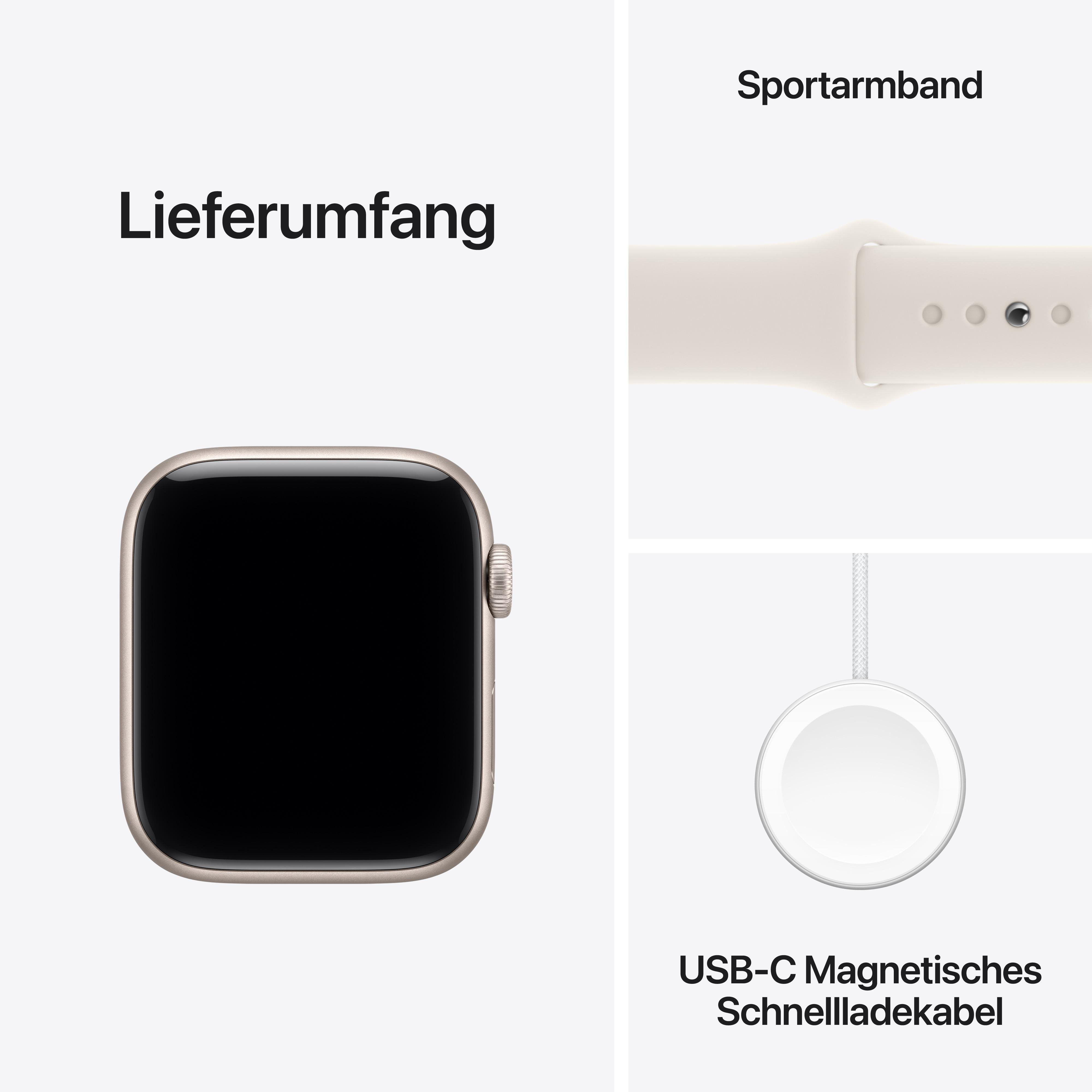 Produktaufnahme, die eine Smartwatch, ein Armband und ein Ladegerät zeigt. Texte auf Deutsch. Die Uhr hat einen schwarzen Bildschirm.