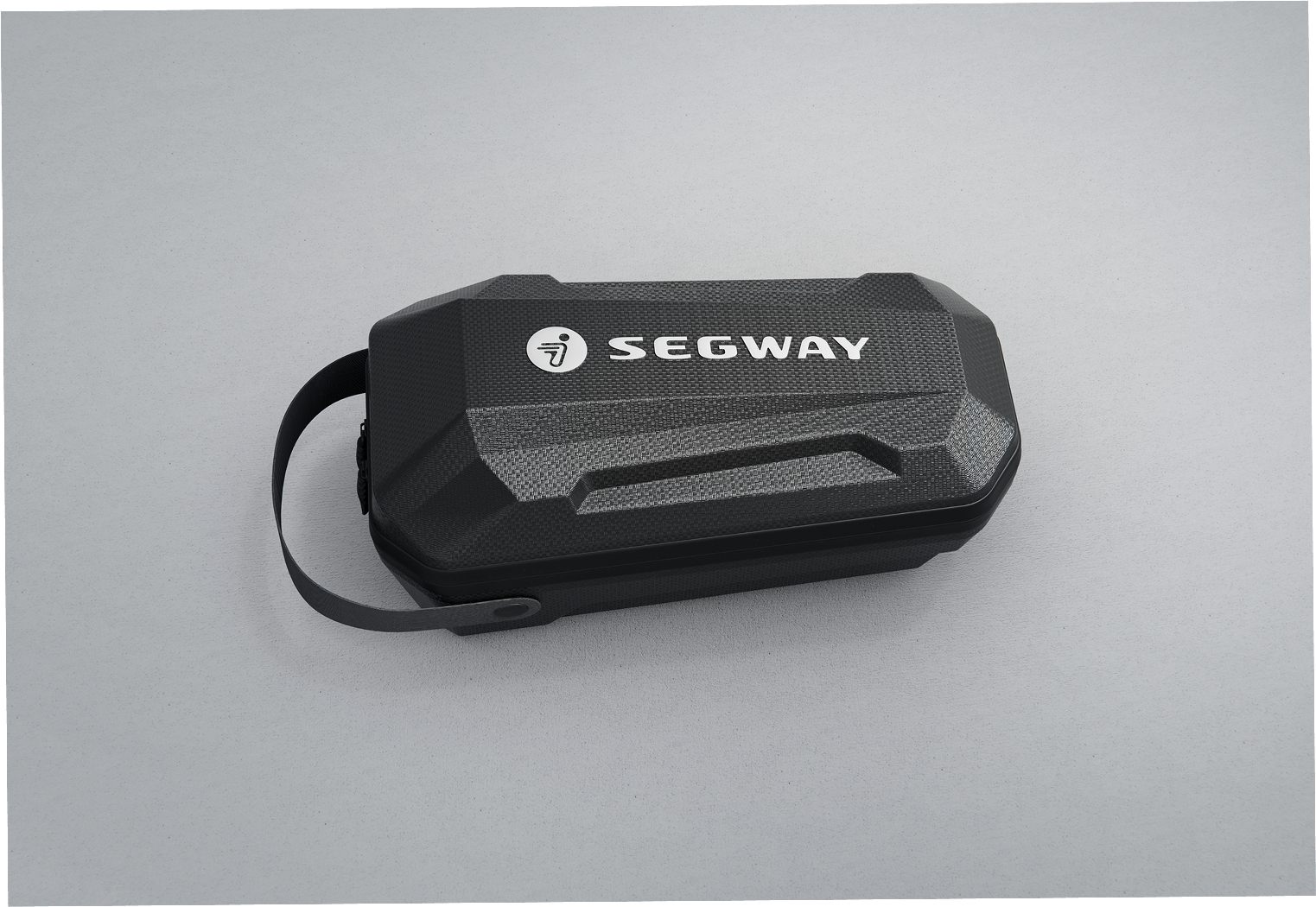 Ein schwarzer SEGWAY-Tragekoffer liegt auf einer hellgrauen Oberfläche. Der Koffer hat einen Griff und das SEGWAY-Logo.