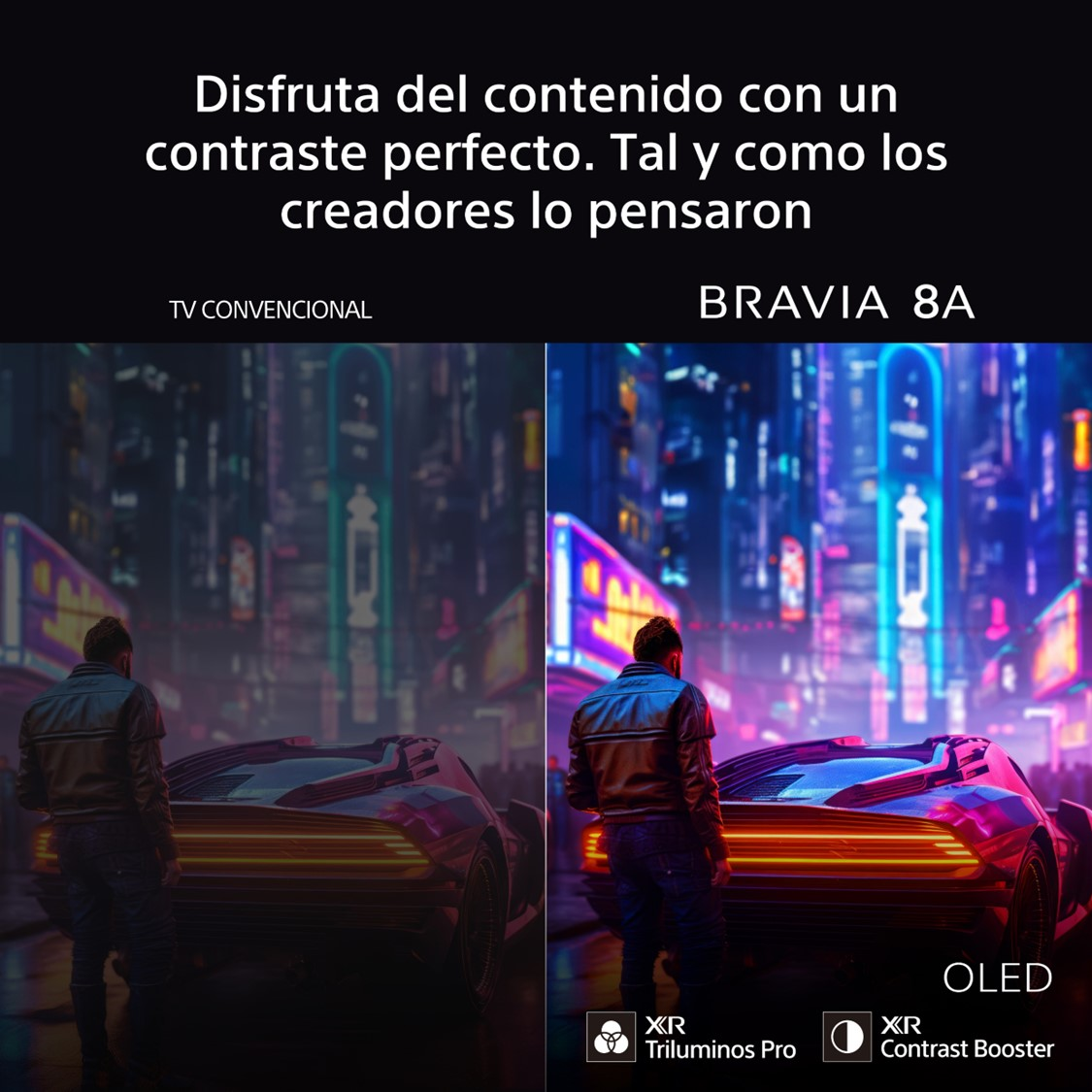 Imagen muestra a un hombre junto a un coche en una ciudad nocturna. El lado izquierdo es más oscuro, el derecho es más brillante.