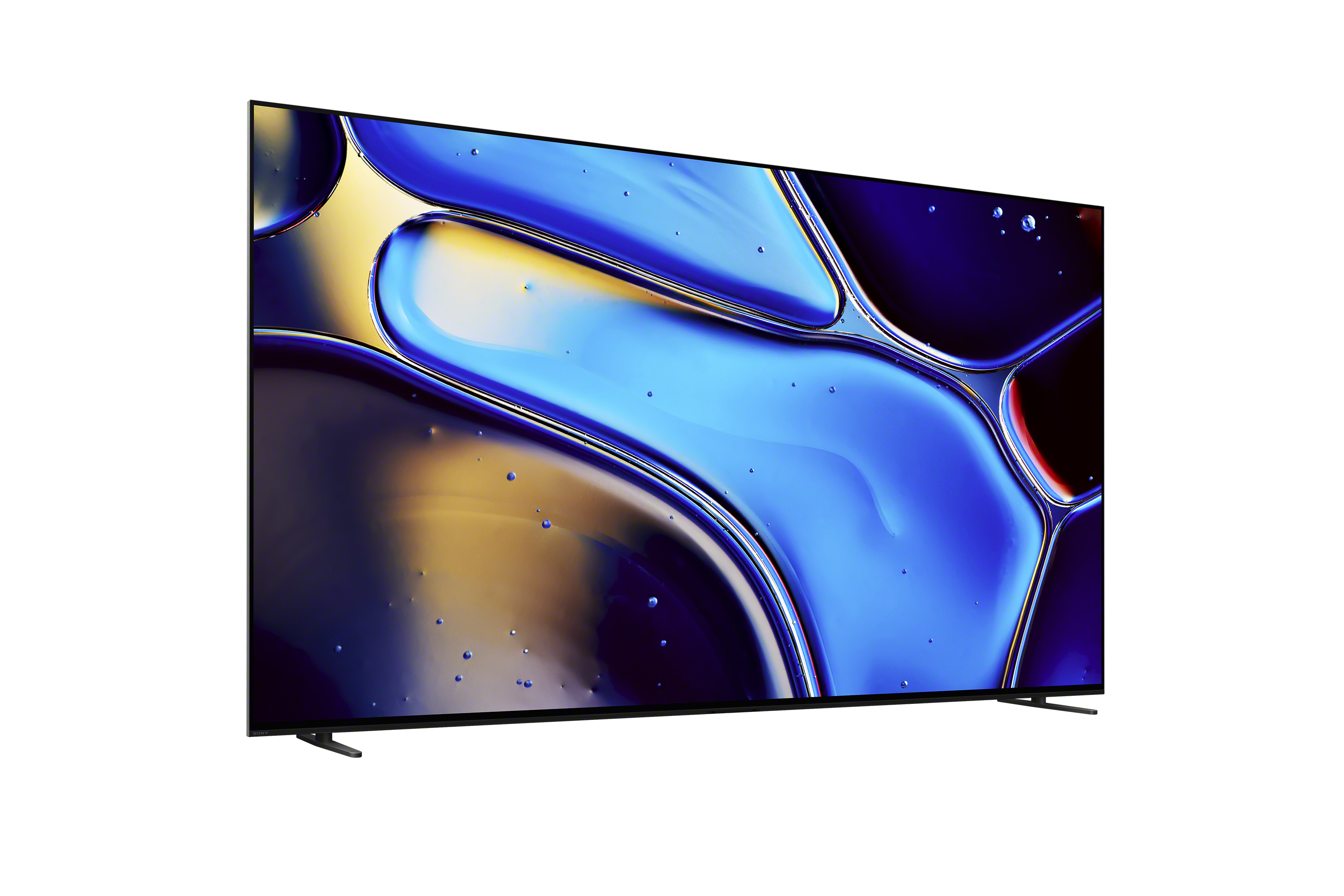 Un televisor moderno muestra un patrón abstracto azul y amarillo. El fondo es negro. El televisor tiene biseles finos.