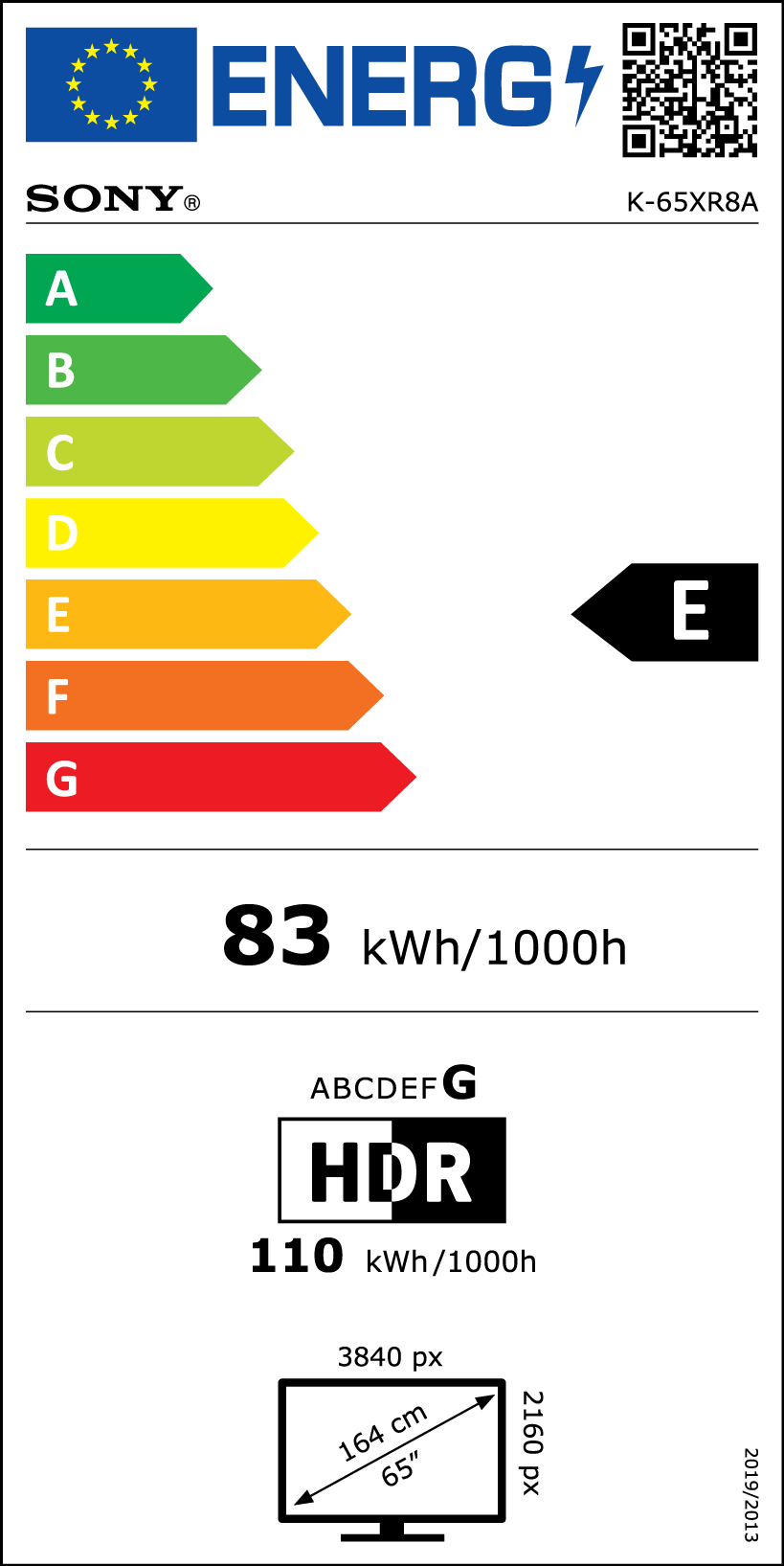 Etiqueta energética de un televisor Sony. Incluye clase E, detalles de consumo, tamaño de pantalla y el logo HDR.