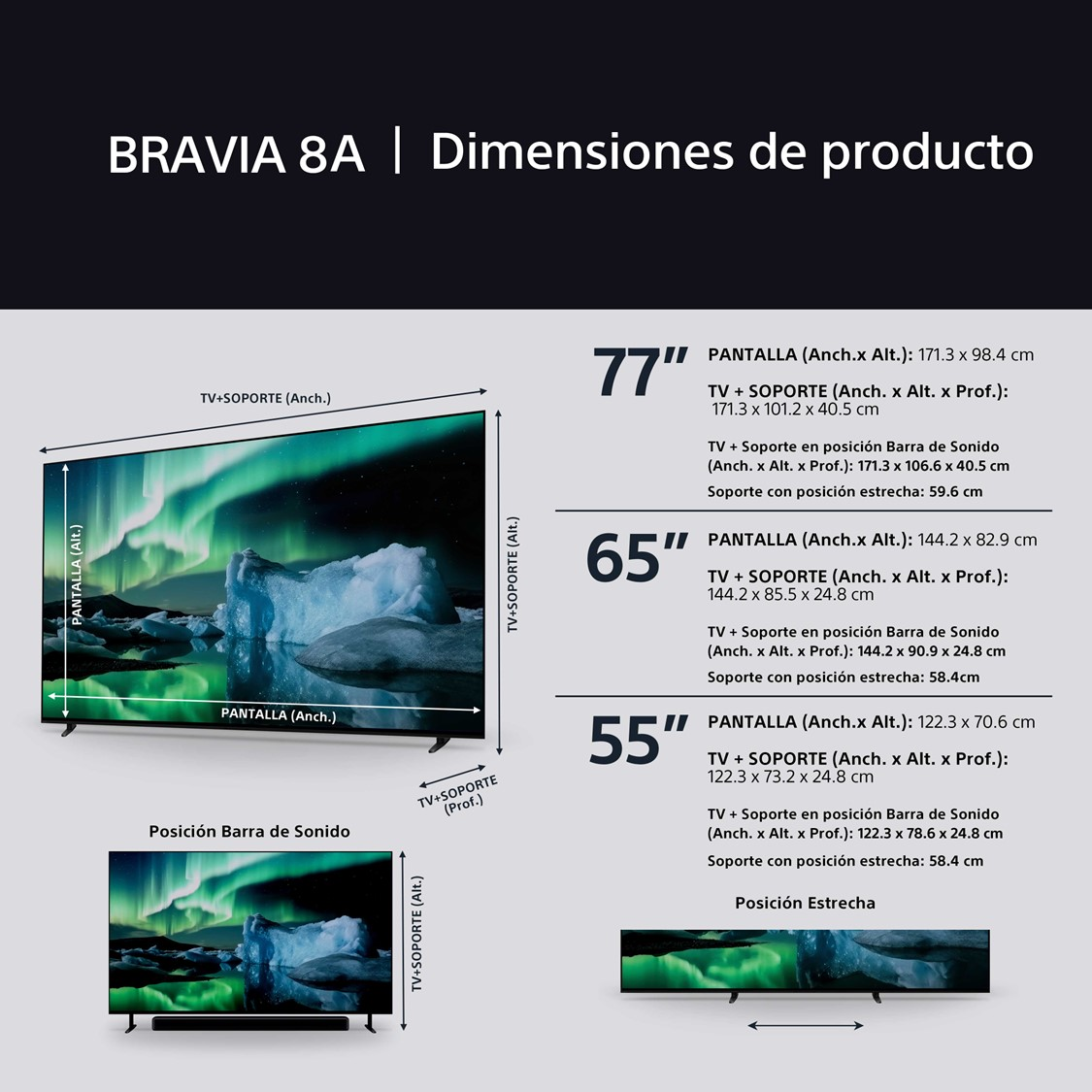 Diagrama de un televisor con dimensiones. Los tamaños incluyen modelos de 77", 65" y 55", mostrando medidas de pantalla y soporte.
