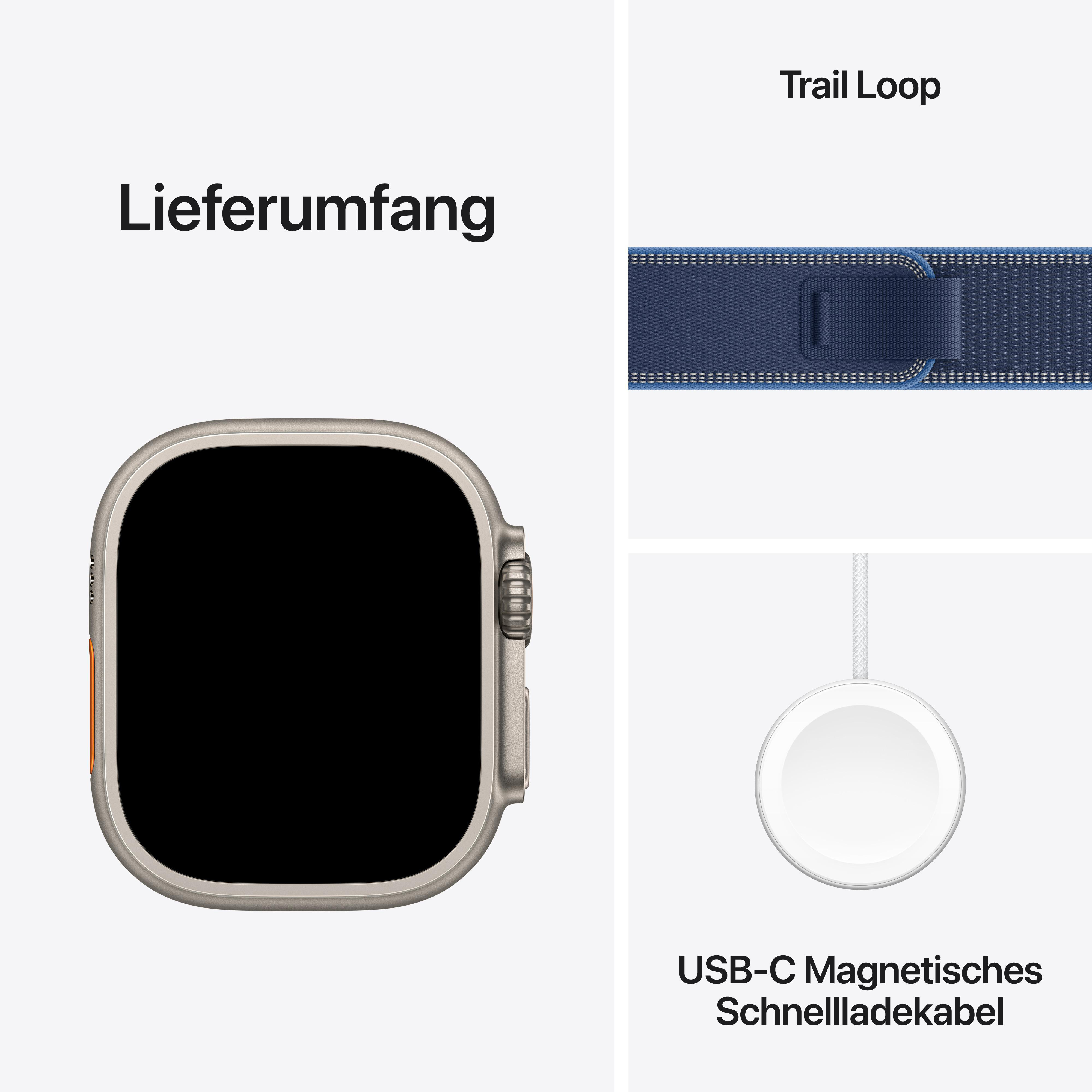Das Bild zeigt Apple Watch, Trail Loop Armband und ein magnetisches Ladekabel. Texte auf Deutsch sind ebenfalls vorhanden.