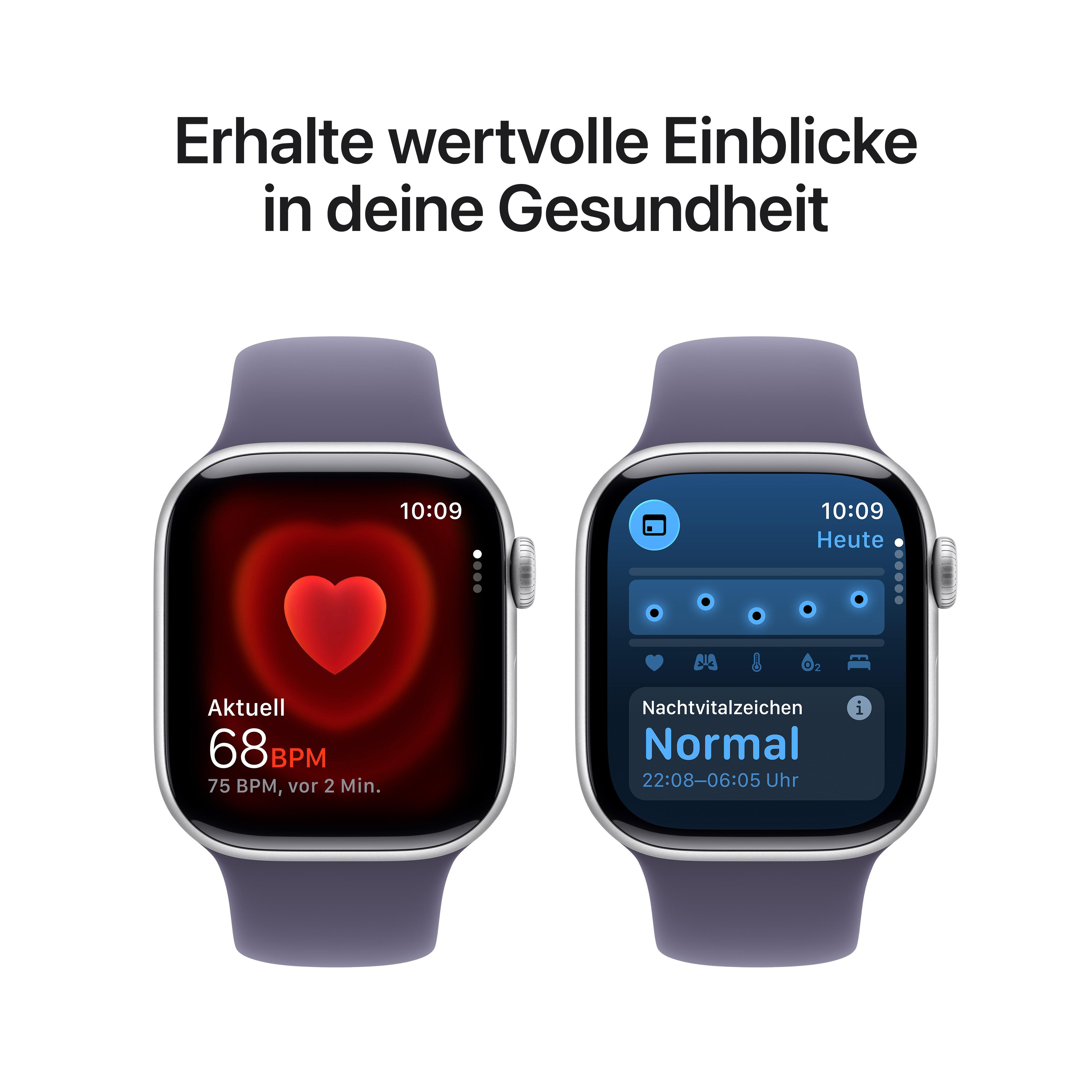 Zwei Smartwatches zeigen Gesundheitsdaten. Eine zeigt die Herzfrequenz, die andere Gesundheitsmetriken.