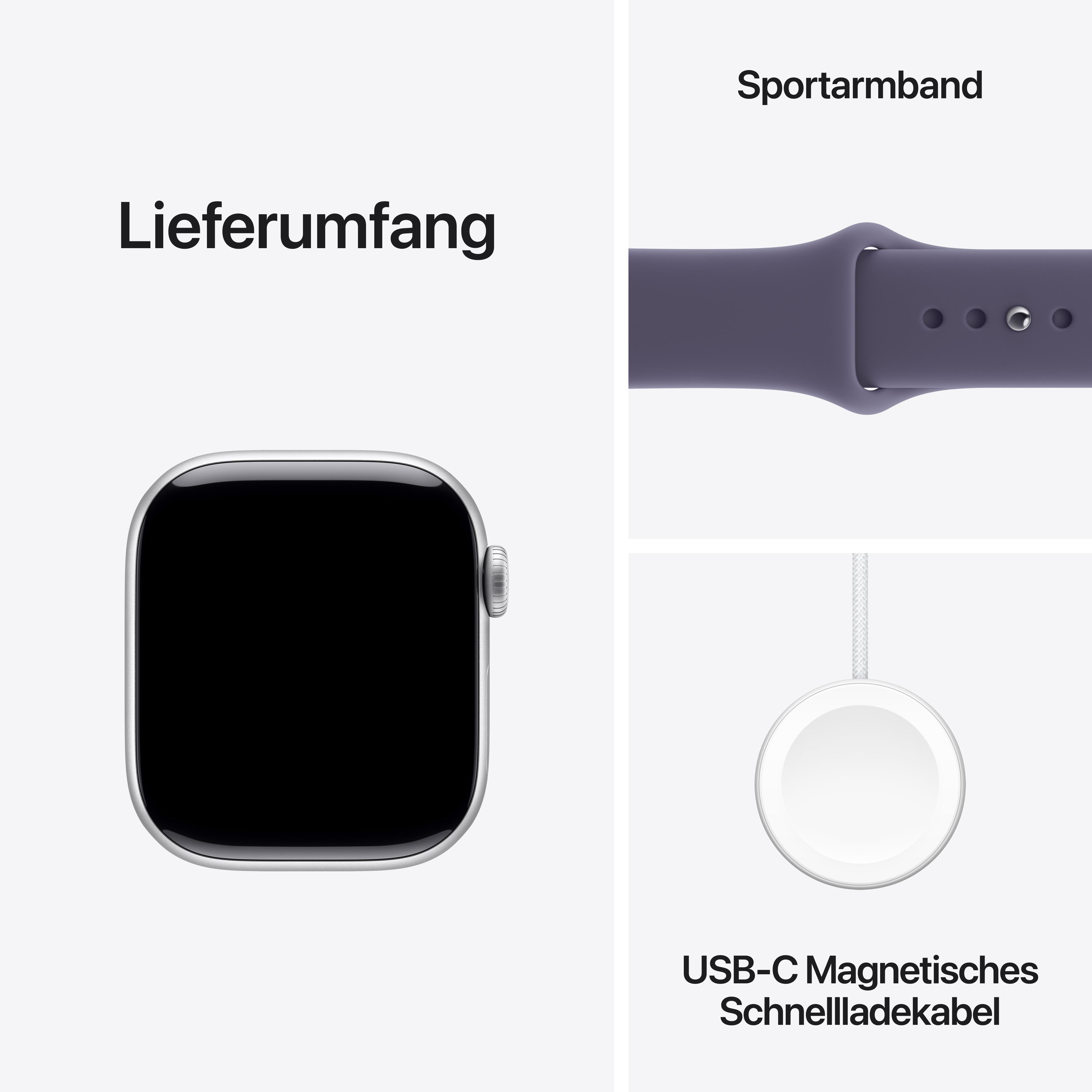 Das Bild zeigt eine Smartwatch, ein Sportarmband und ein Ladegerät. Text enthält 'Lieferumfang', 'Sportarmband' und 'USB-C Magnetisches Schnellladekabel'.