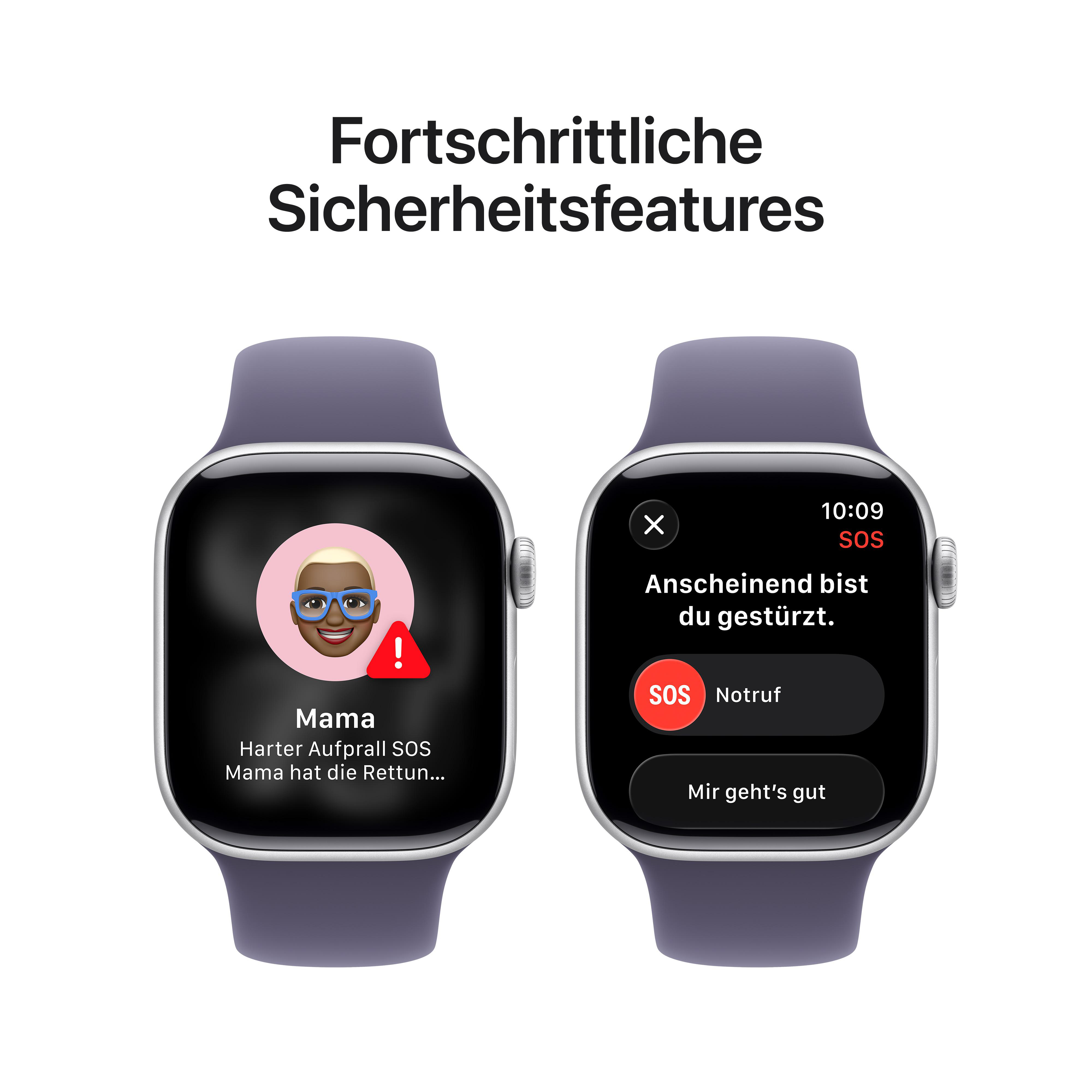 Zwei Smartwatches auf weißem Hintergrund zeigen SOS-Funktionen. Eine zeigt einen Kontakt mit Alarm, die andere einen Notruf.