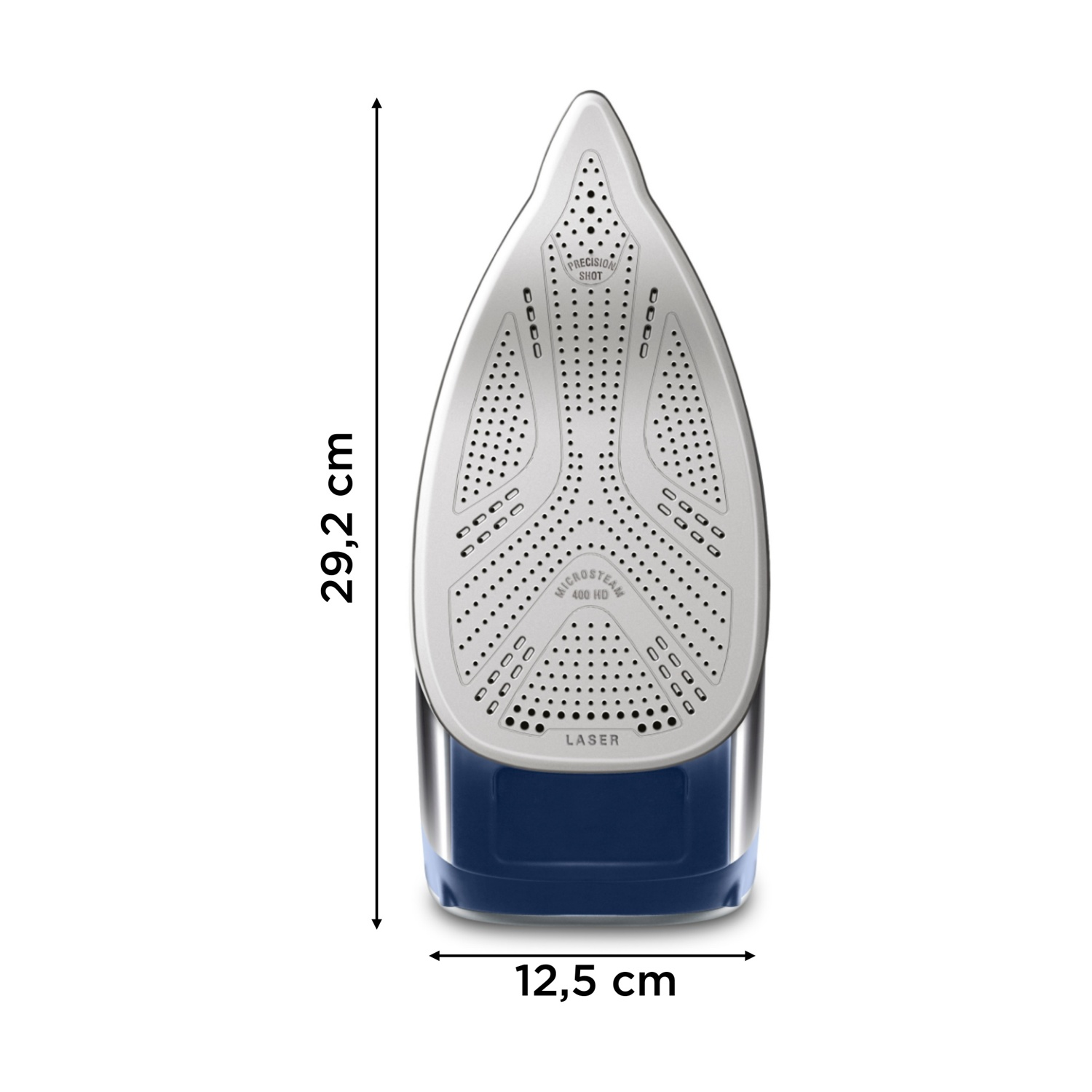 Un ferro da stiro con corpo bianco e blu. Ha dimensioni di 29,2 cm di lunghezza e 12,5 cm di larghezza. Presenta testo e fori.