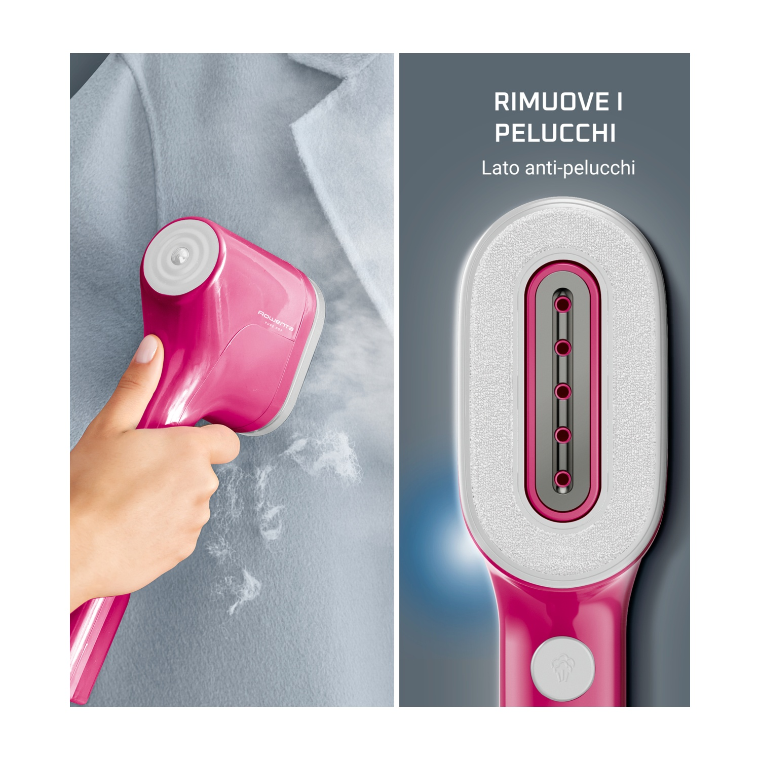 Un vaporizzatore per tessuti rosa rimuove i pelucchi da un cappotto grigio chiaro. Il lato mostra la testa del vaporizzatore con una superficie bianca.