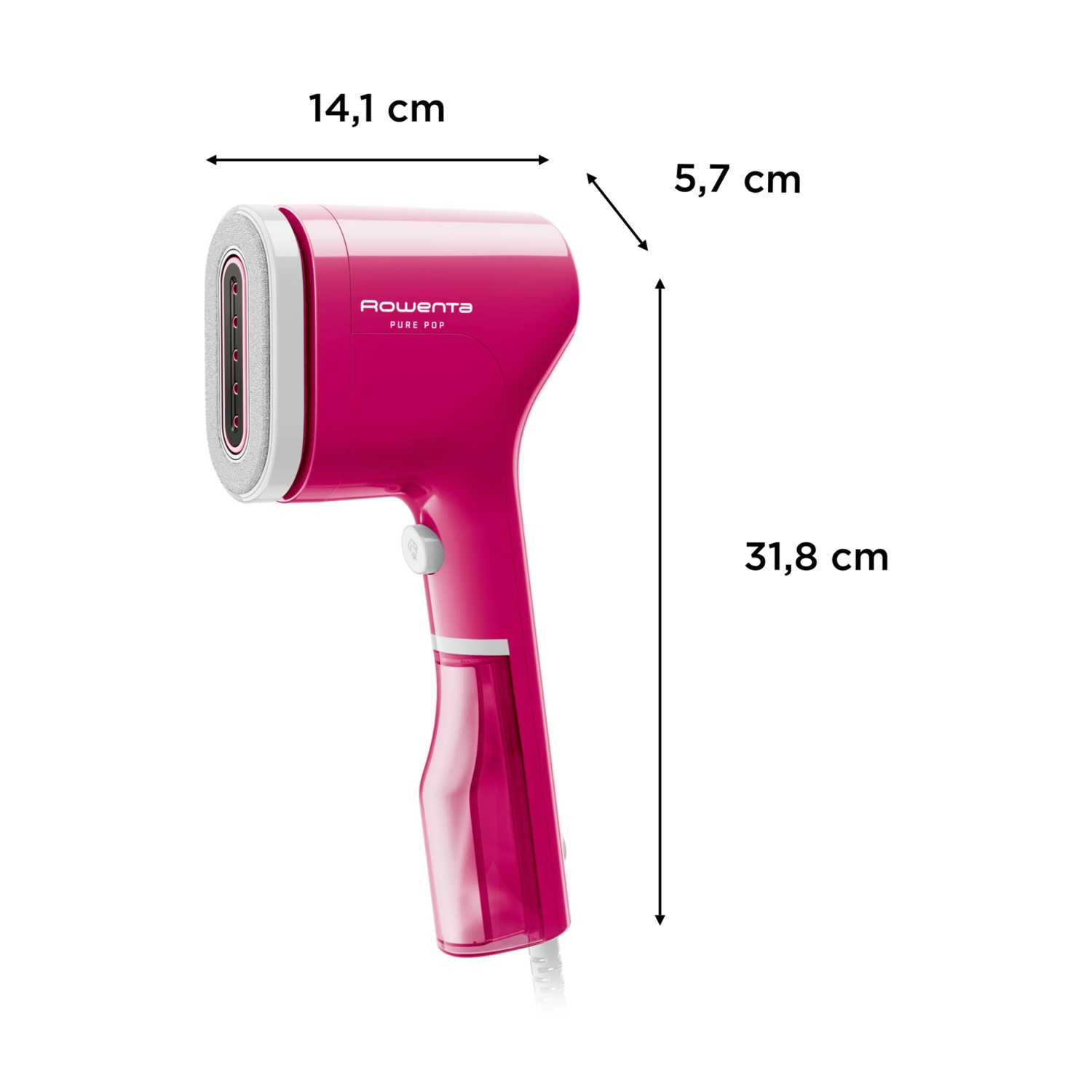 Un vaporizzatore Rowenta Pure Pop rosa con dimensioni: 14,1 cm di larghezza, 5,7 cm di spessore e 31,8 cm di altezza.