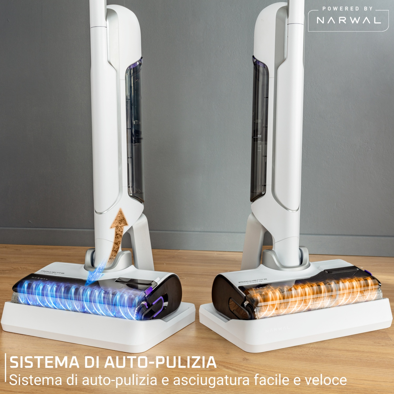 Due robot di pulizia Narwal bianchi e neri affiancati. Uno con ciclo di pulizia blu, l'altro con ciclo di asciugatura arancione.