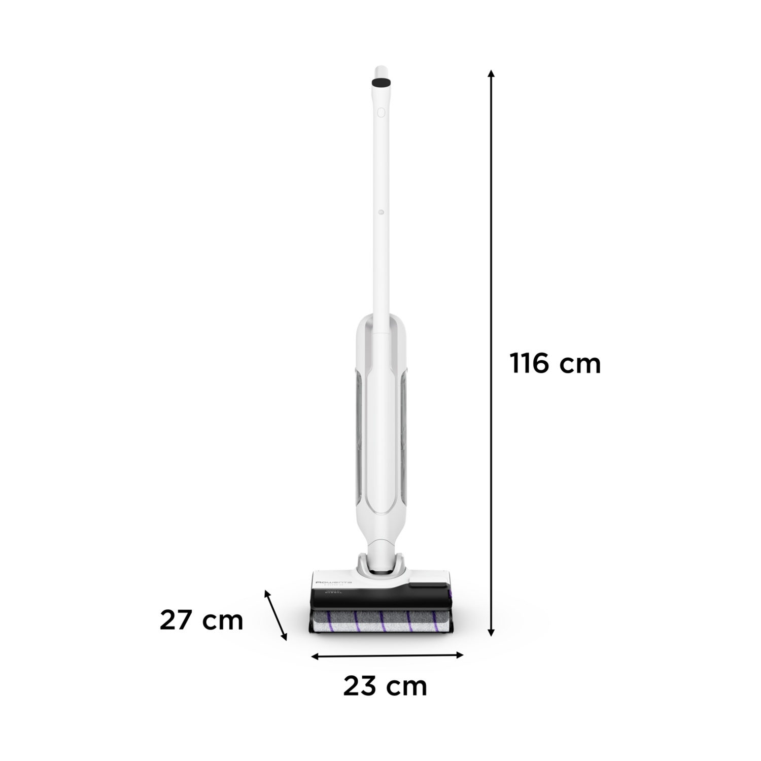 Un aspirapolvere senza fili bianco con dimensioni: 116 cm di altezza, 27 cm di larghezza e 23 cm di profondità. Su sfondo bianco.