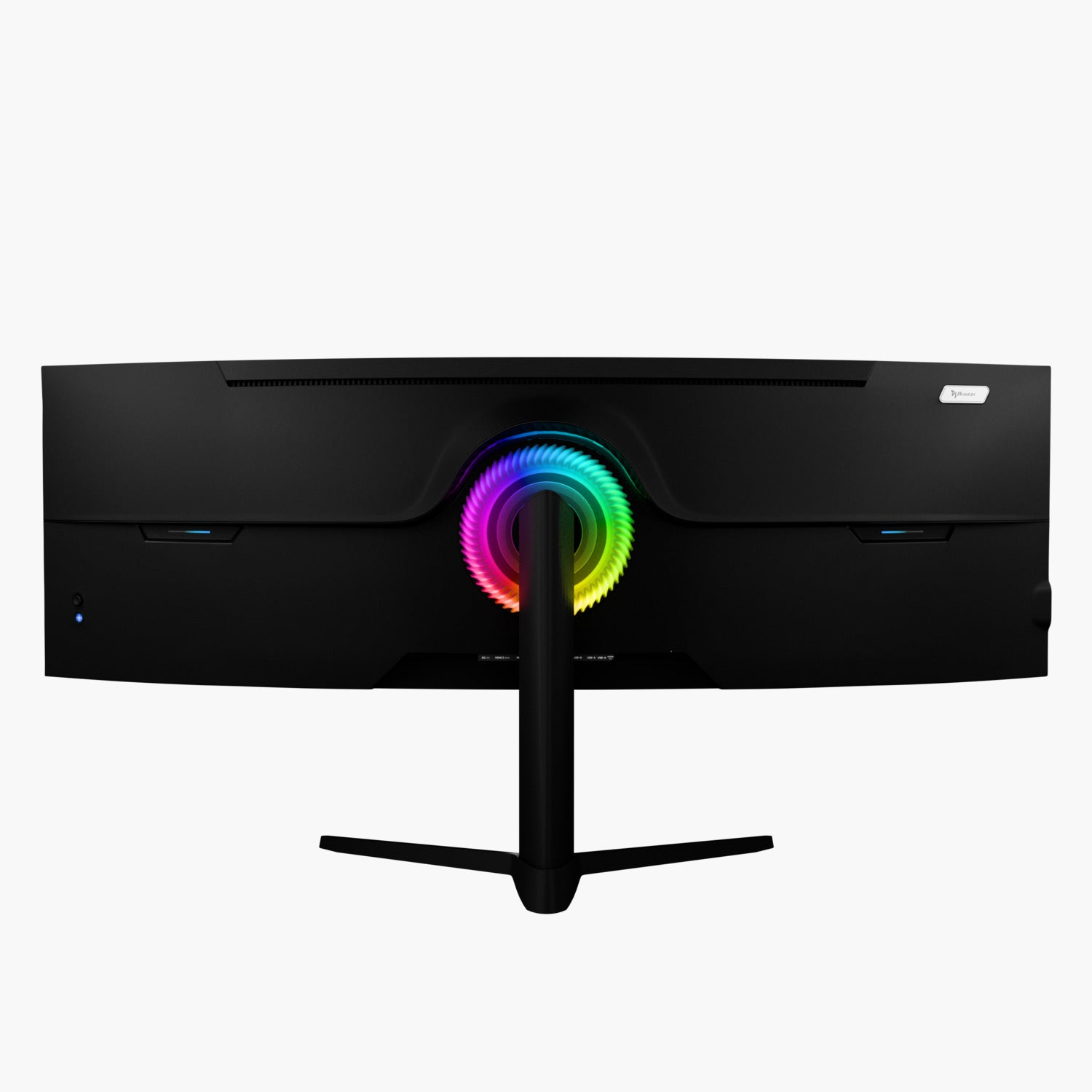 Ein schwarzer, gebogener Computermonitor, Rückansicht, mit einem regenbogenfarbenen Lichtring. Der Monitor hat einen Ständer und ein Logo.
