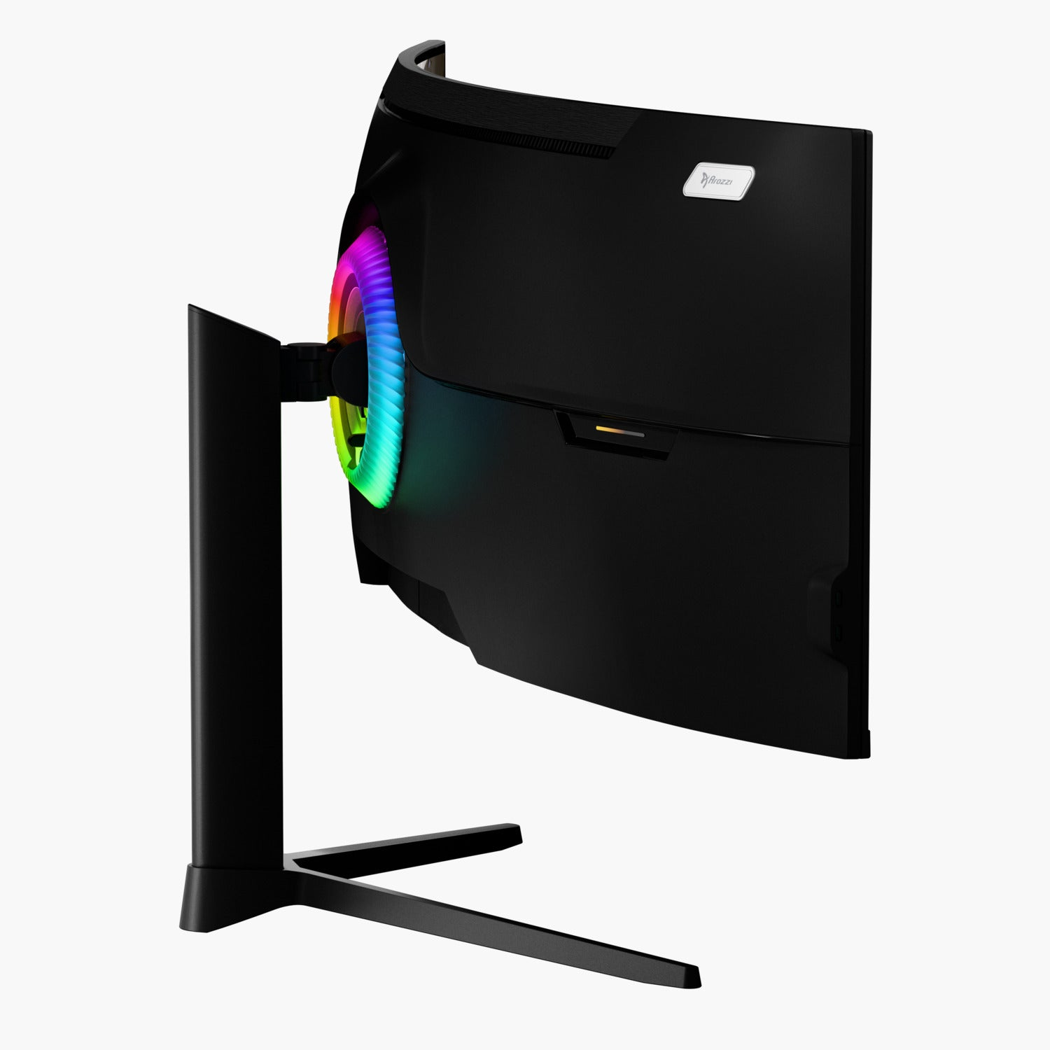 Schwarzer gebogener Monitor mit Ständer. Ein farbenfroher Lichtring befindet sich auf der Rückseite. Der Monitor hat das Logo 'Arozzi'.