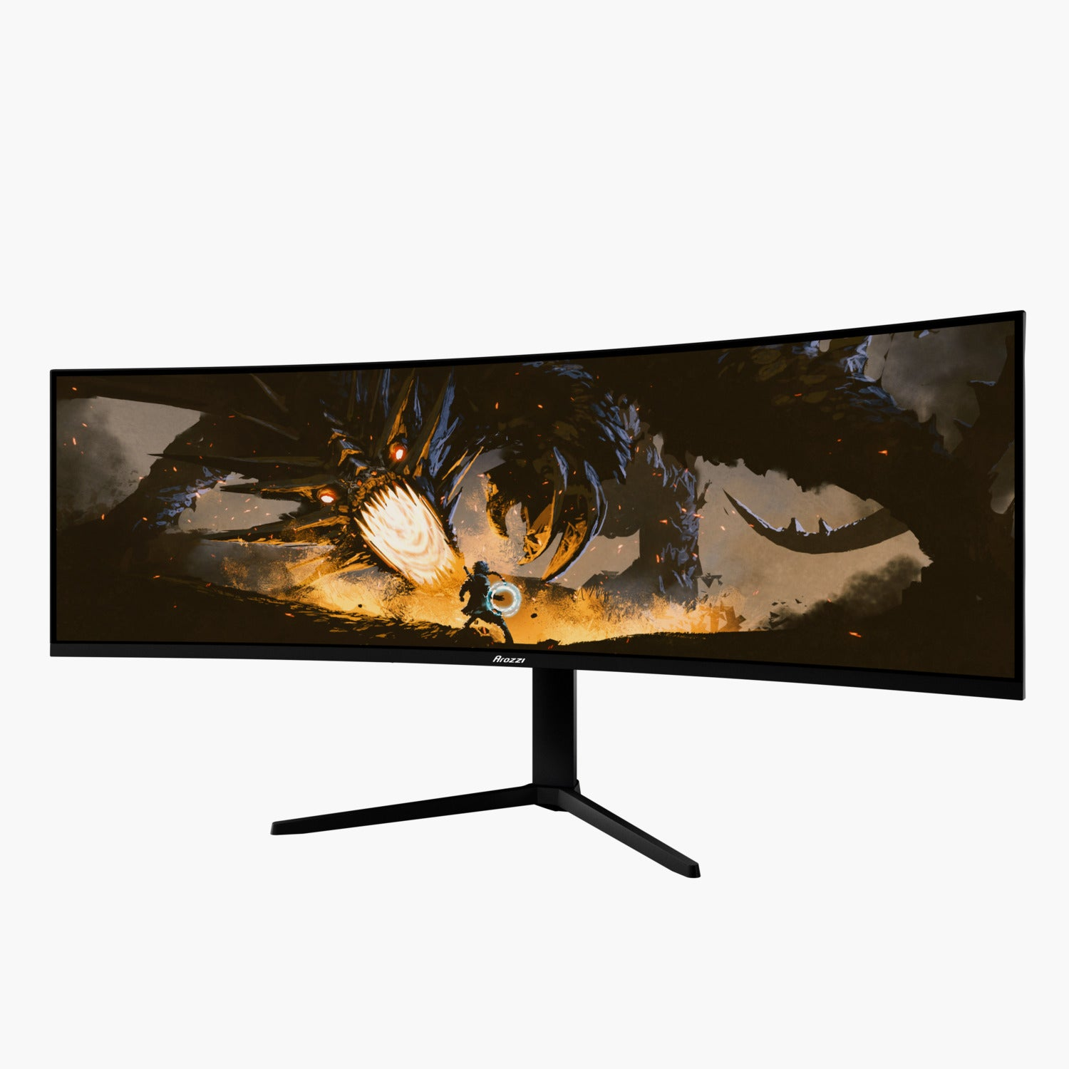 Gebogener Monitor zeigt eine Fantasy-Szene mit einem Drachen und einem Krieger. Der Monitor hat einen schwarzen Rahmen und Ständer, Marke Arozz.