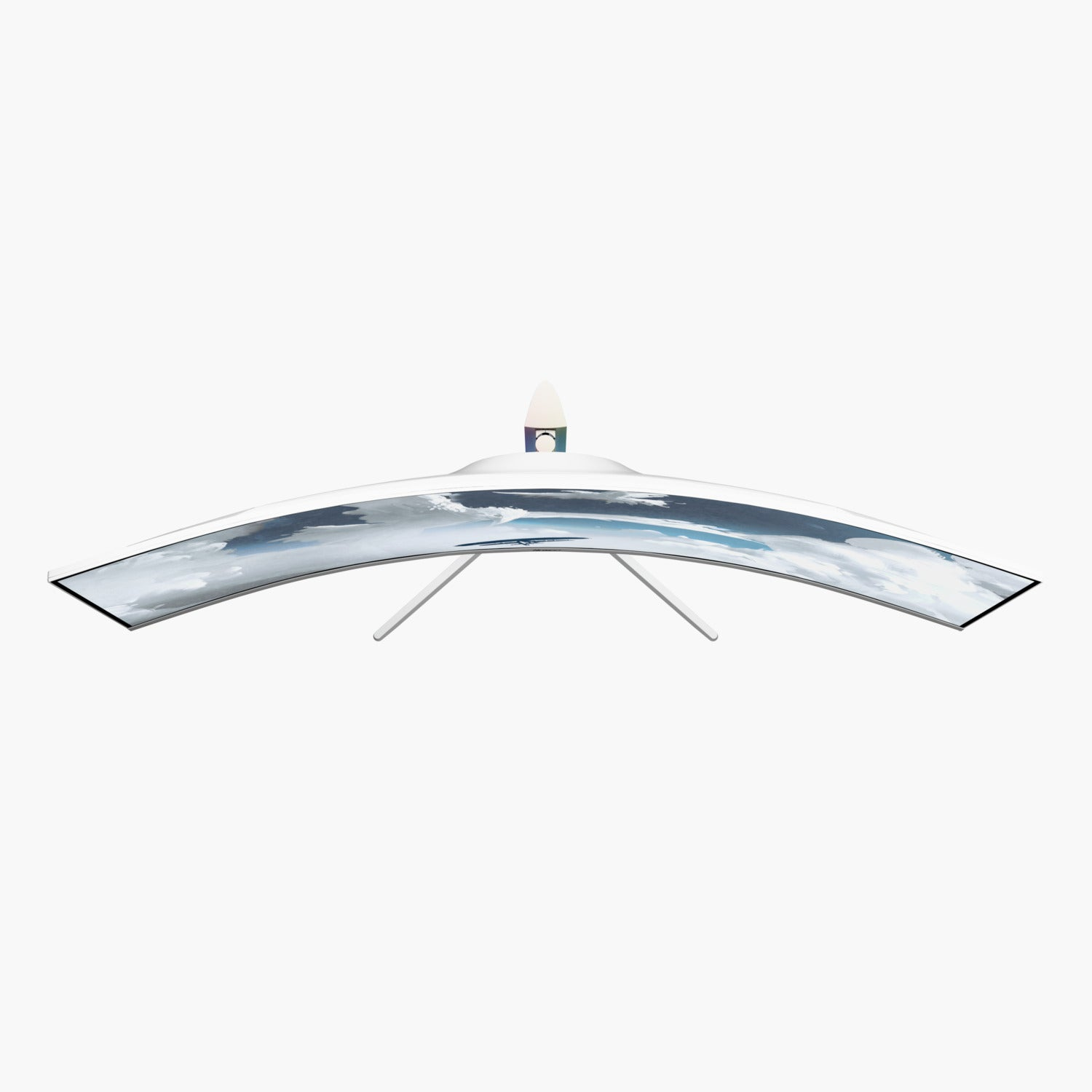 Gebogener Computermonitor mit weißem Rahmen. Der Bildschirm zeigt eine Himmelsansicht. Der Monitor steht auf zwei dünnen Beinen.