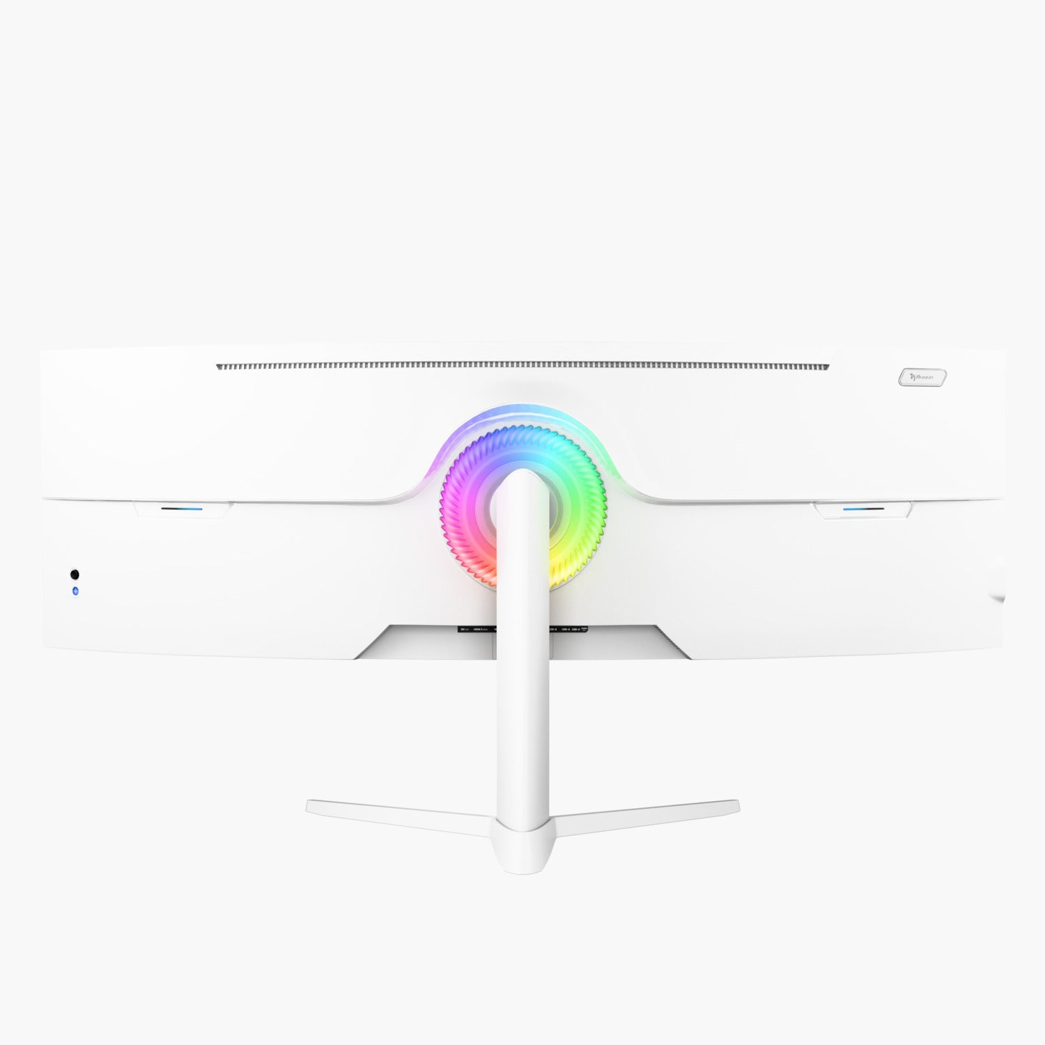 Weiße, gewölbte Computer-Monitor-Rückseite. Es hat einen Ring aus bunten Lichtern und einen weißen Ständer. Der Markenname steht rechts.