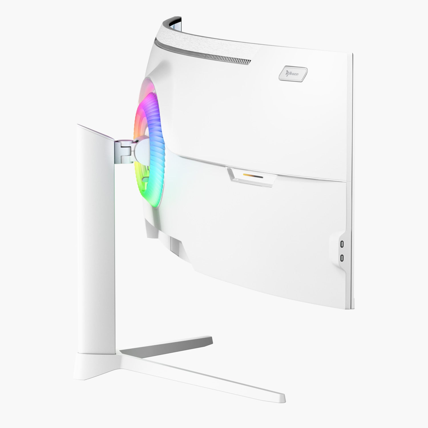 Weißer, gebogener Computermonitor mit einem farbenfrohen Lichtring. Der Monitor hat einen Ständer und ein Logo. Der Hintergrund ist weiß.