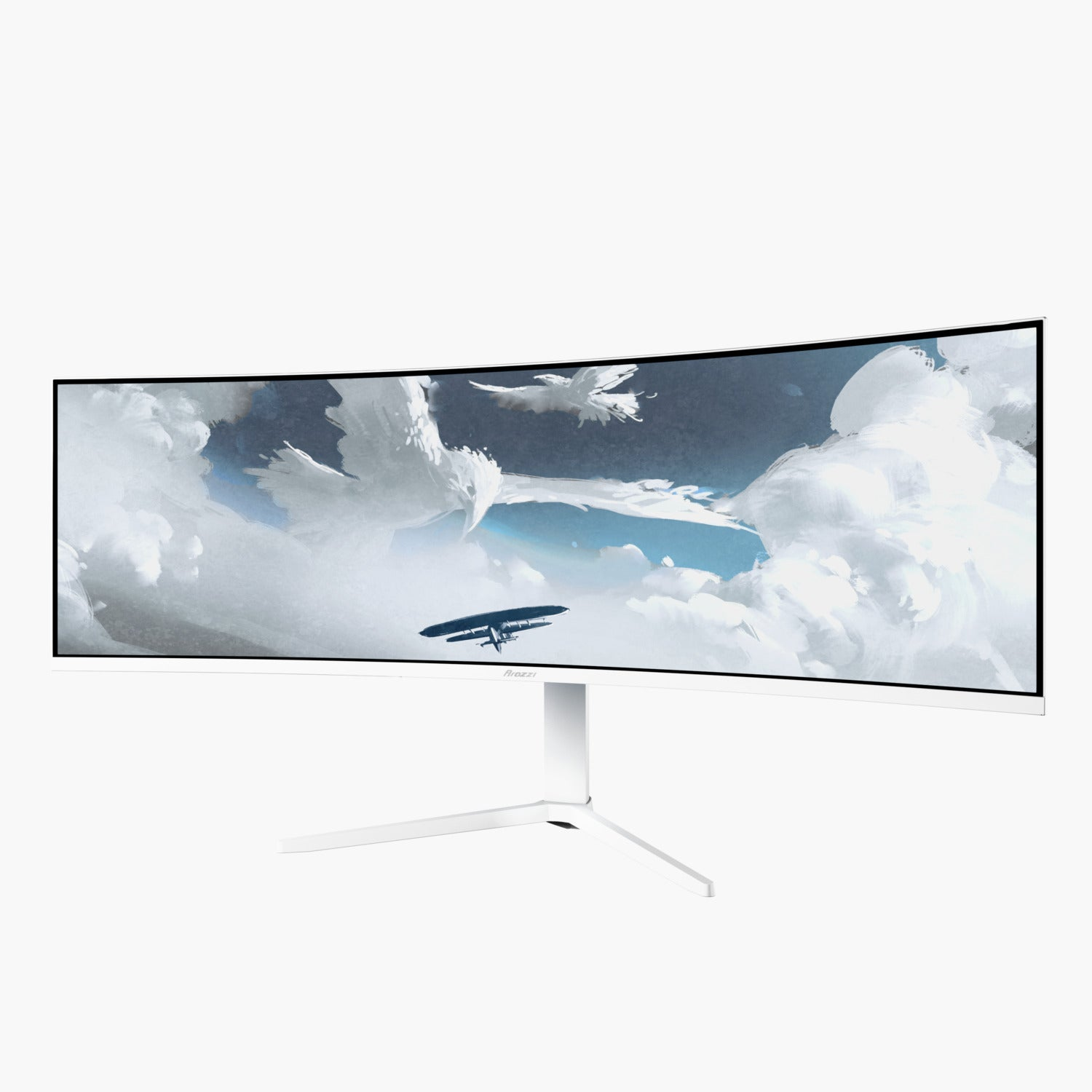 Gebogener weißer Monitor, der ein Gemälde von Vögeln und einem Flugzeug in einem bewölkten Himmel anzeigt. Der Monitor hat einen weißen Ständer.