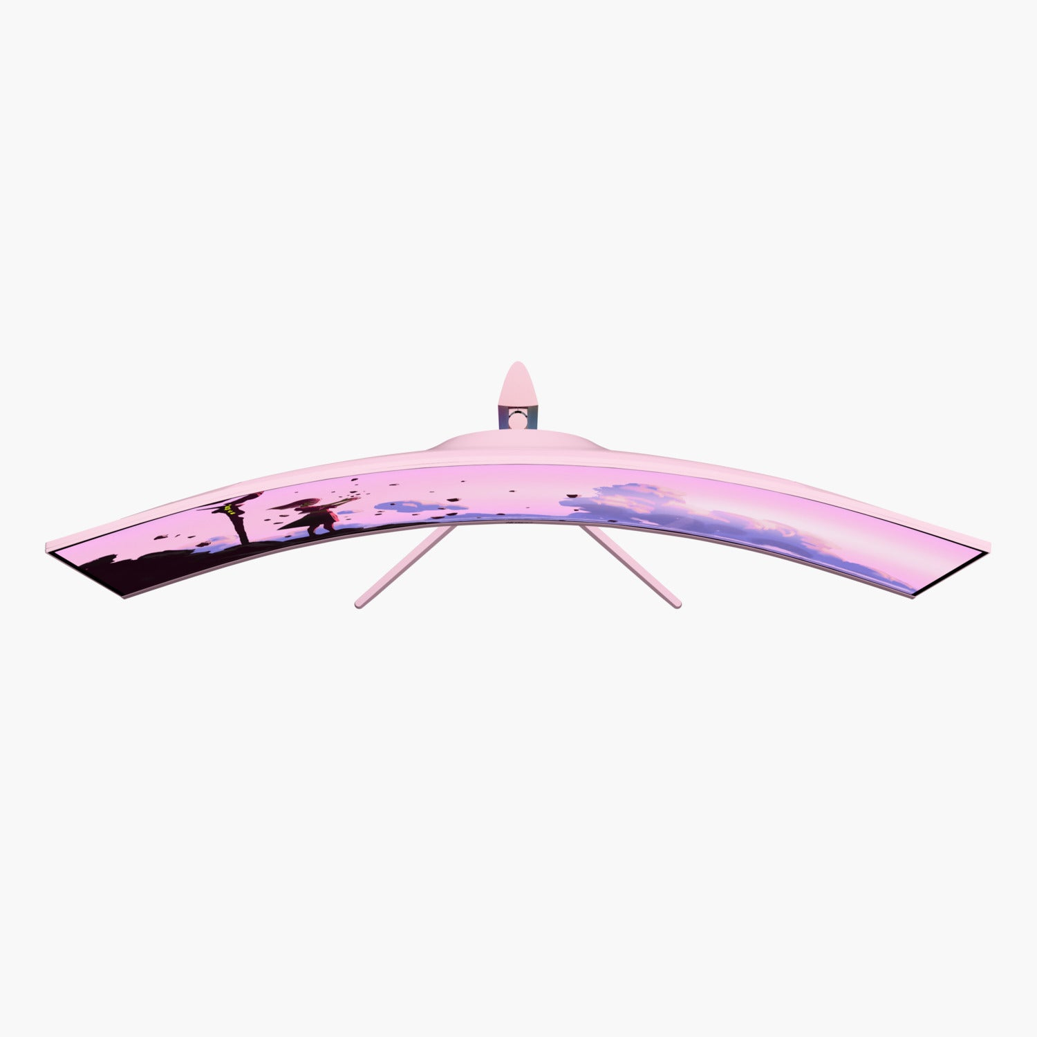Ein gebogener rosa Computermonitor wird von oben gezeigt. Er hat eine Landschaft auf dem Bildschirm. Rosa Monitor hat dünne Beine.