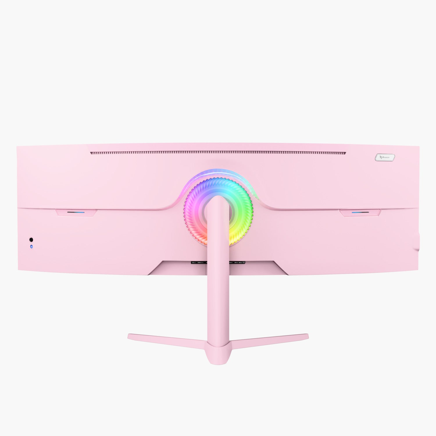Ein rosa Computermonitor mit einem regenbogenfarbenen Lichtring und einem Ständer. Der Monitor hat ein gebogenes Design und einige Anschlüsse.