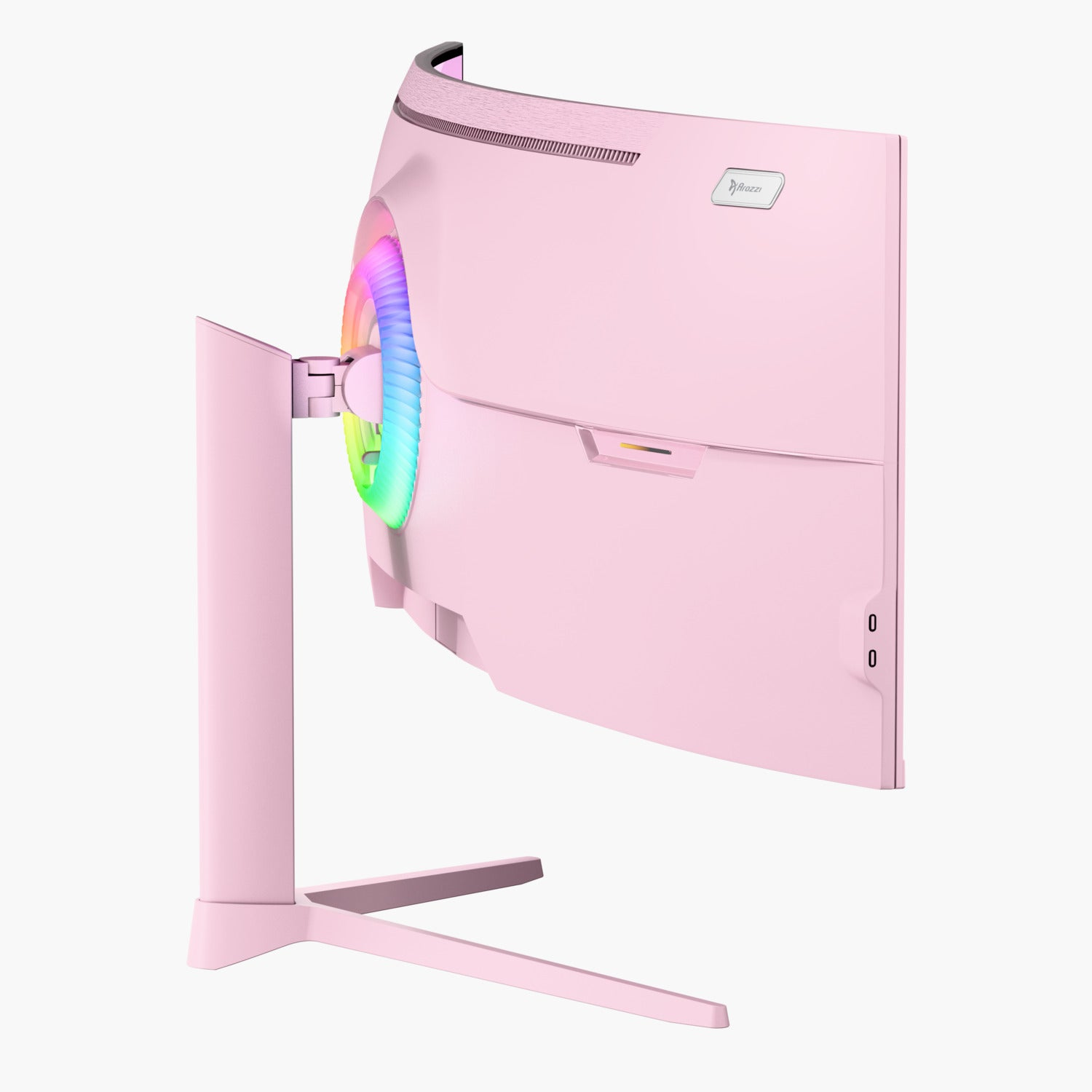 Ein rosa gebogener Monitor mit Ständer. Er hat bunte Lichter auf der Rückseite. Die Marke ist Arozzi.