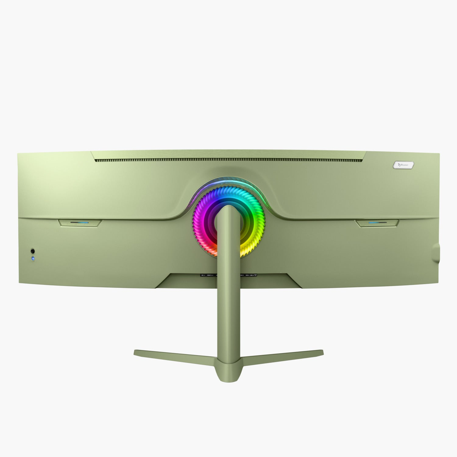 Rückseite eines gebogenen Monitors. Er ist hellgrün, mit zentralem RGB-Licht und einem Ständer. Der Monitor hat einige Anschlüsse und ein Logo.